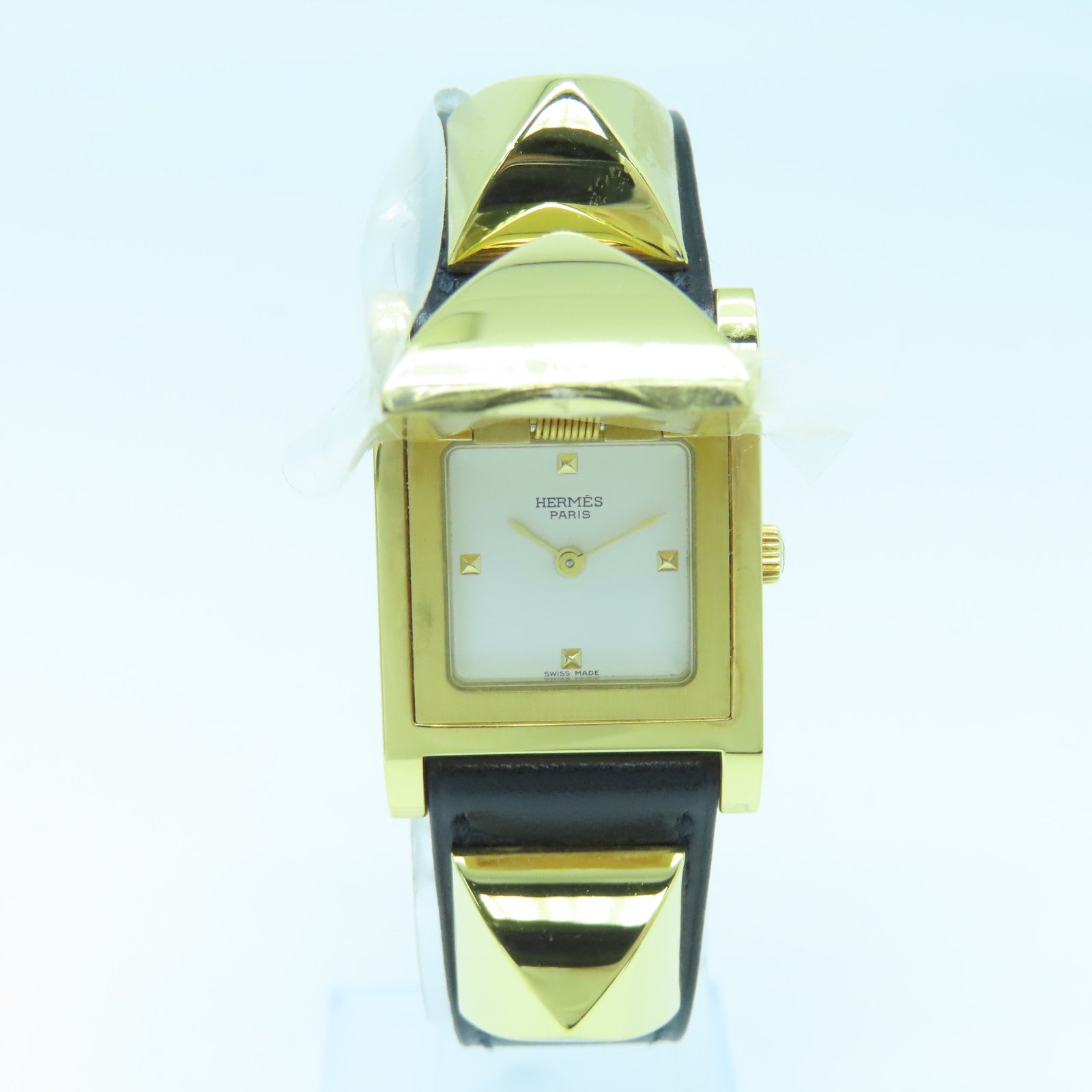HERMES Medor Watch Vintage镀金/皮革带手表石英机芯黑色