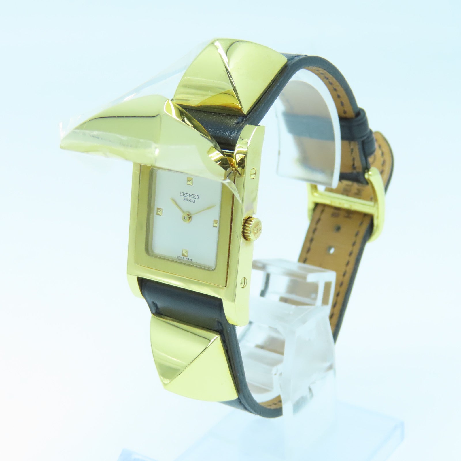 HERMES Medor Watch Vintage镀金/皮革带手表石英机芯黑色