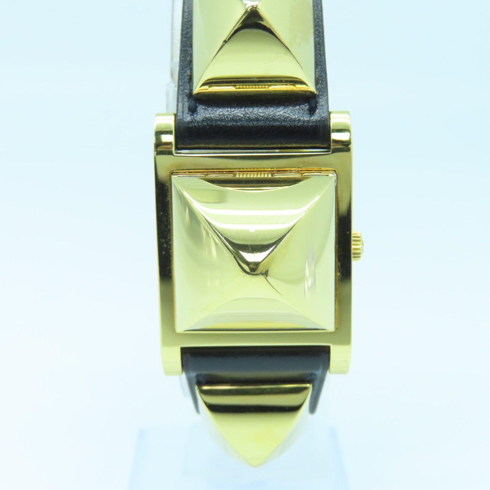 HERMES Medor Watch Vintage镀金/皮革带手表石英机芯黑色