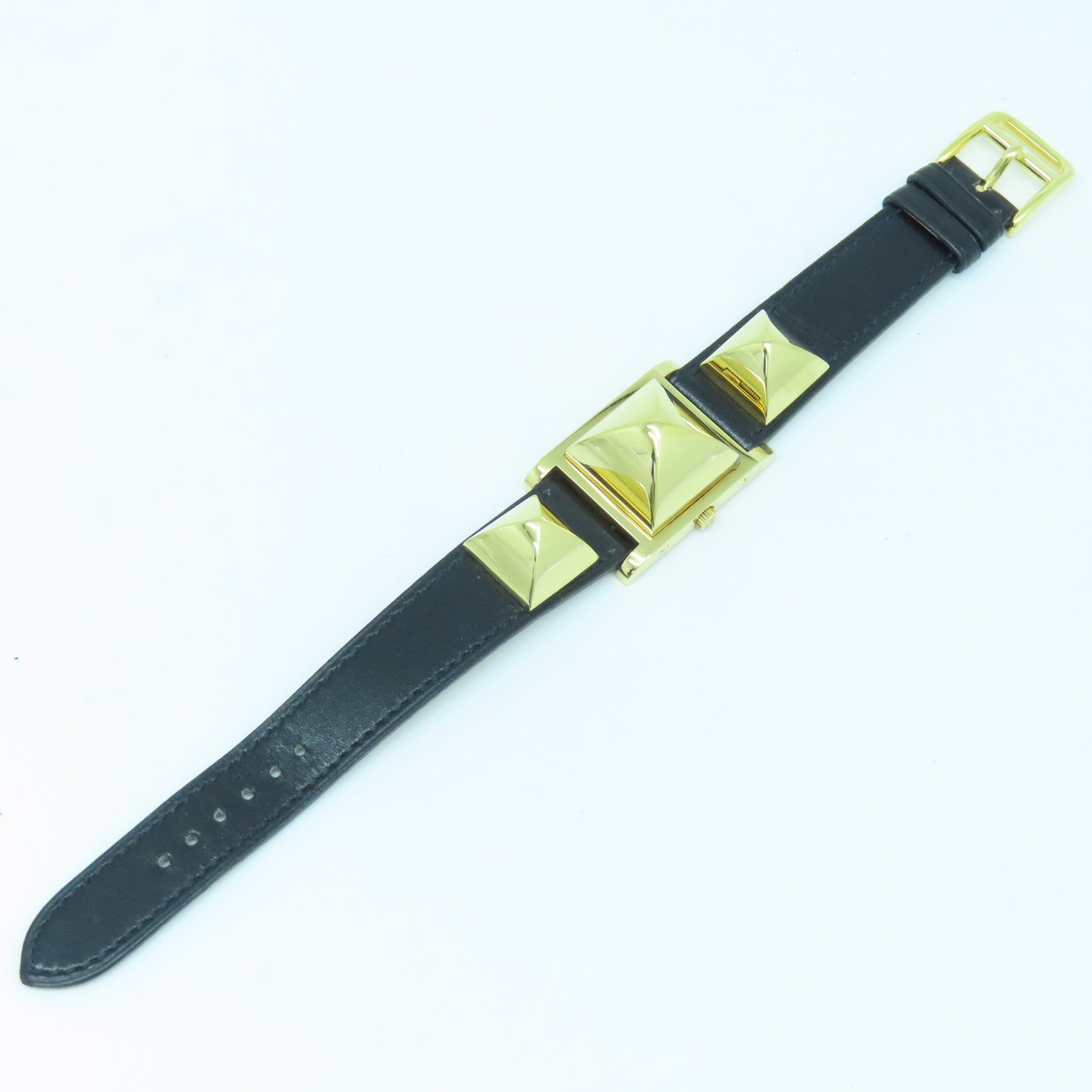 HERMES Medor Watch Vintage镀金/皮革带手表石英机芯黑色