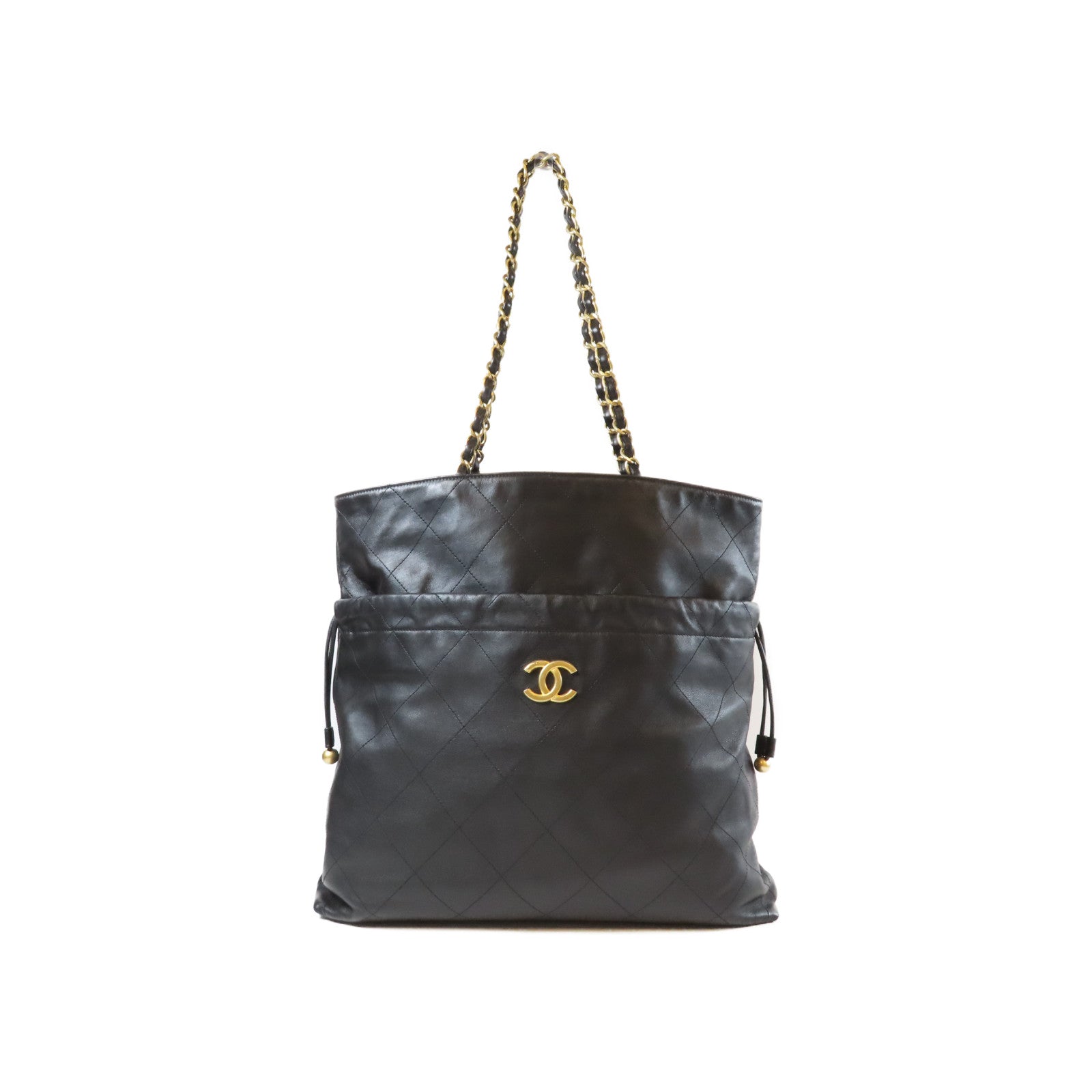 CHANEL 菱格牛皮皮革Chain Tote金扣鏈帶肩背袋黑色