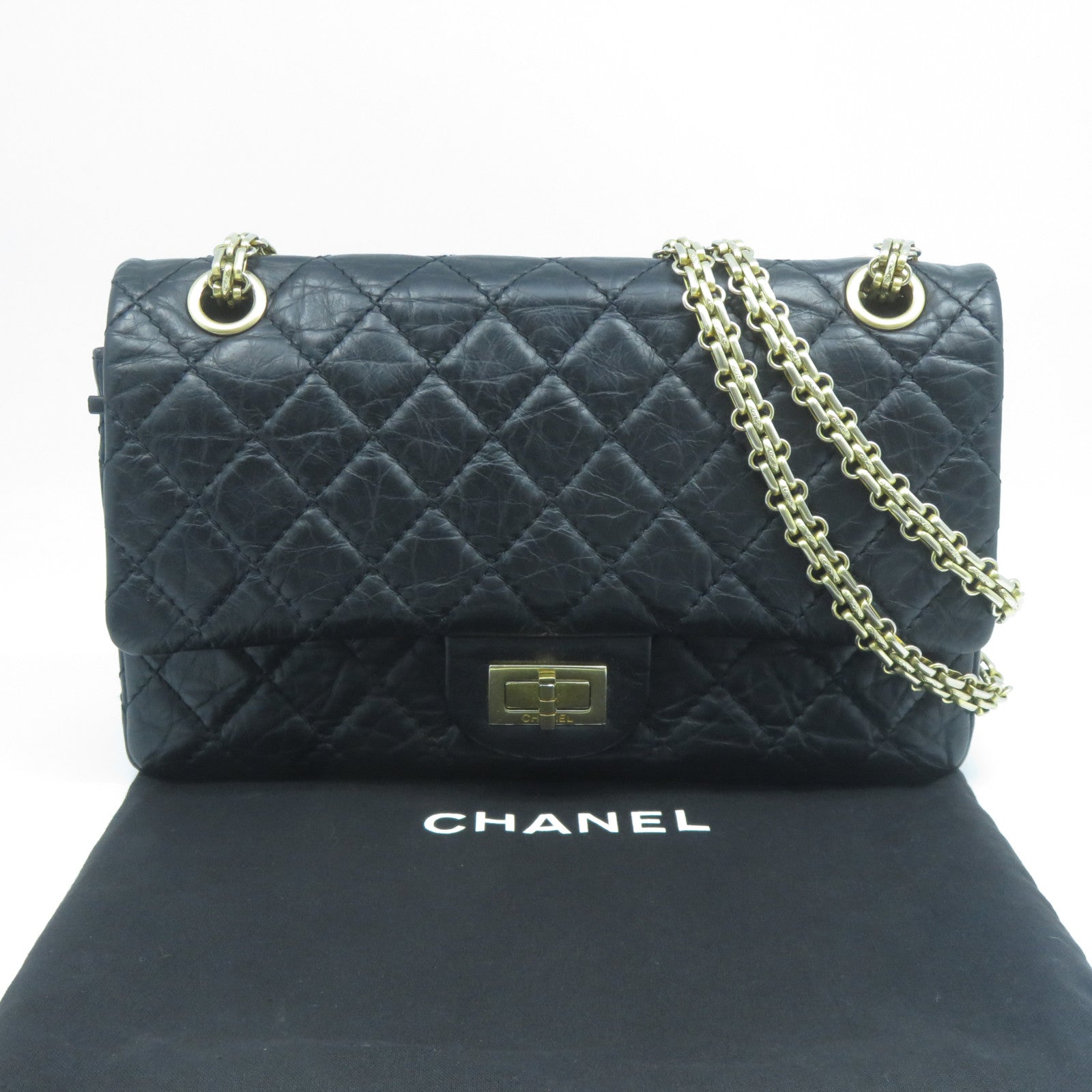 CHANEL 菱格牛皮皮革2.55 Chain Shoulder Bag金扣鏈帶肩背袋黑色