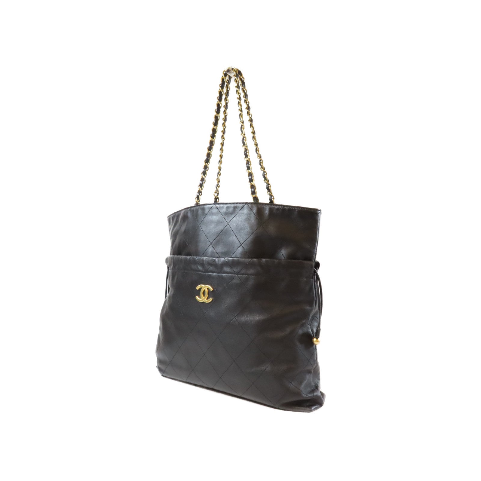 CHANEL 菱格牛皮皮革Chain Tote金扣鏈帶肩背袋黑色