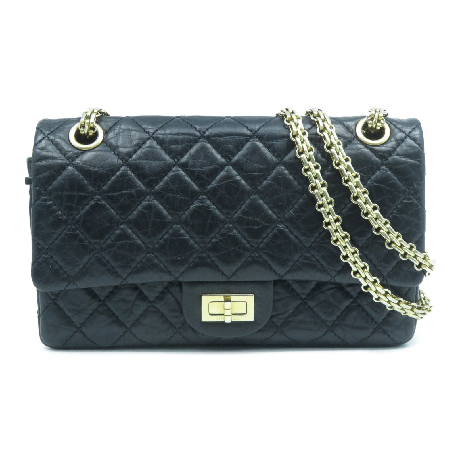CHANEL 菱格牛皮皮革2.55 Chain Shoulder Bag金扣鏈帶肩背袋黑色