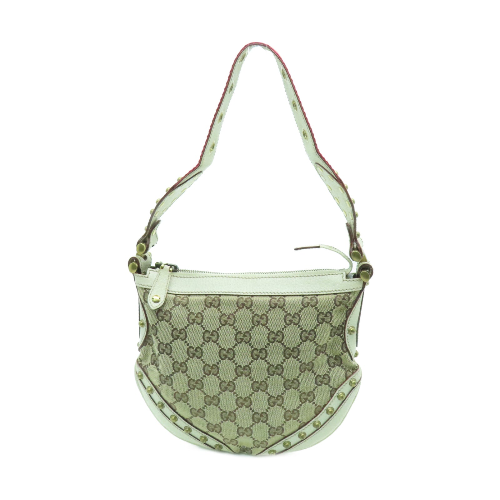 GUCCI 帆布/皮革Shoulder Bag金扣肩背袋米色/白色