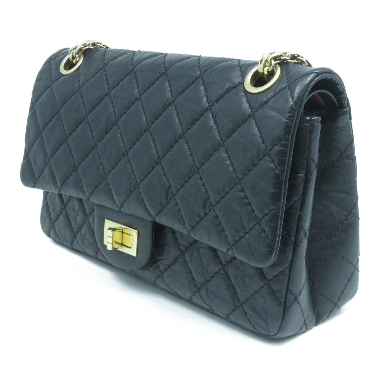 CHANEL 菱格牛皮皮革2.55 Chain Shoulder Bag金扣鏈帶肩背袋黑色