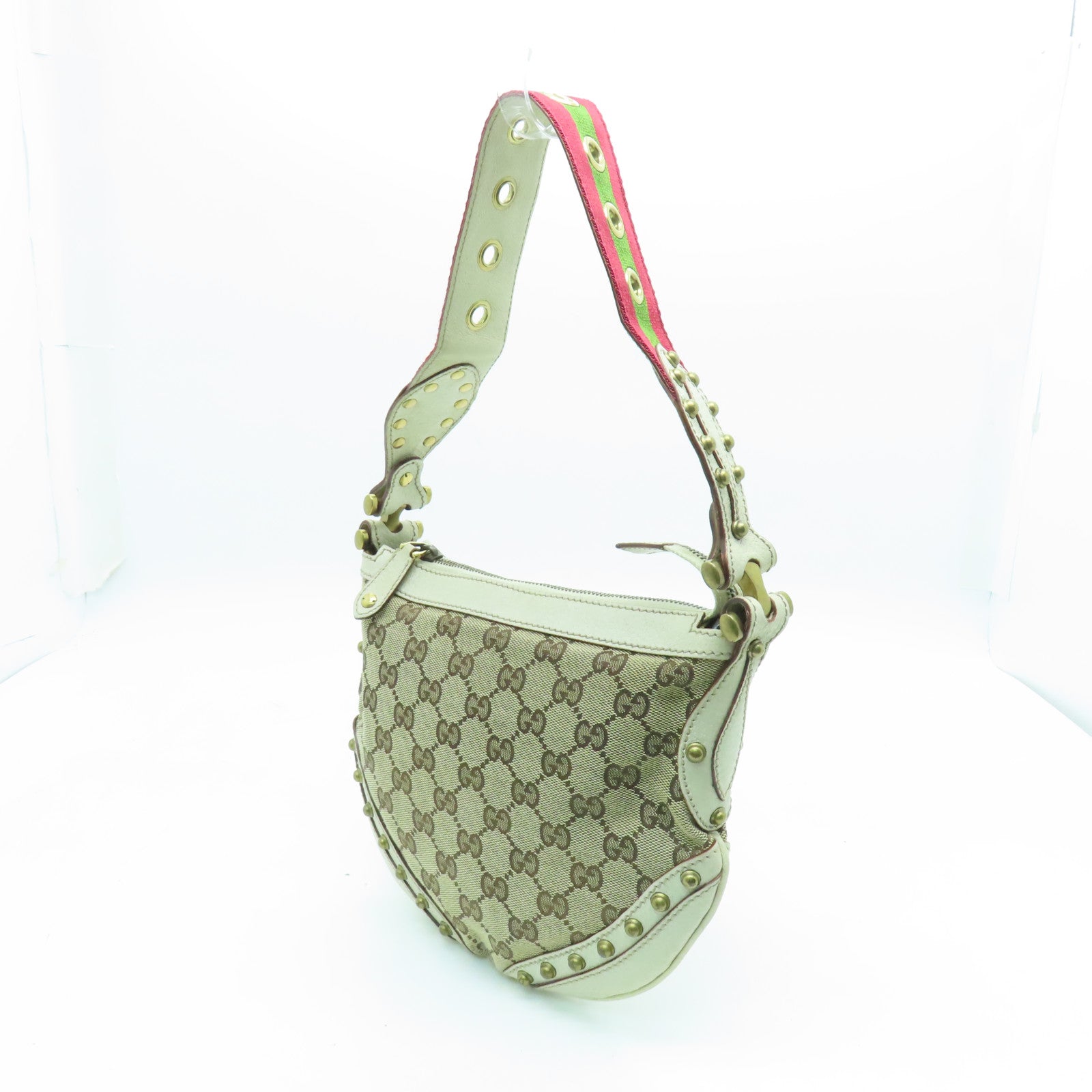 GUCCI 帆布/皮革Shoulder Bag金扣肩背袋米色/白色