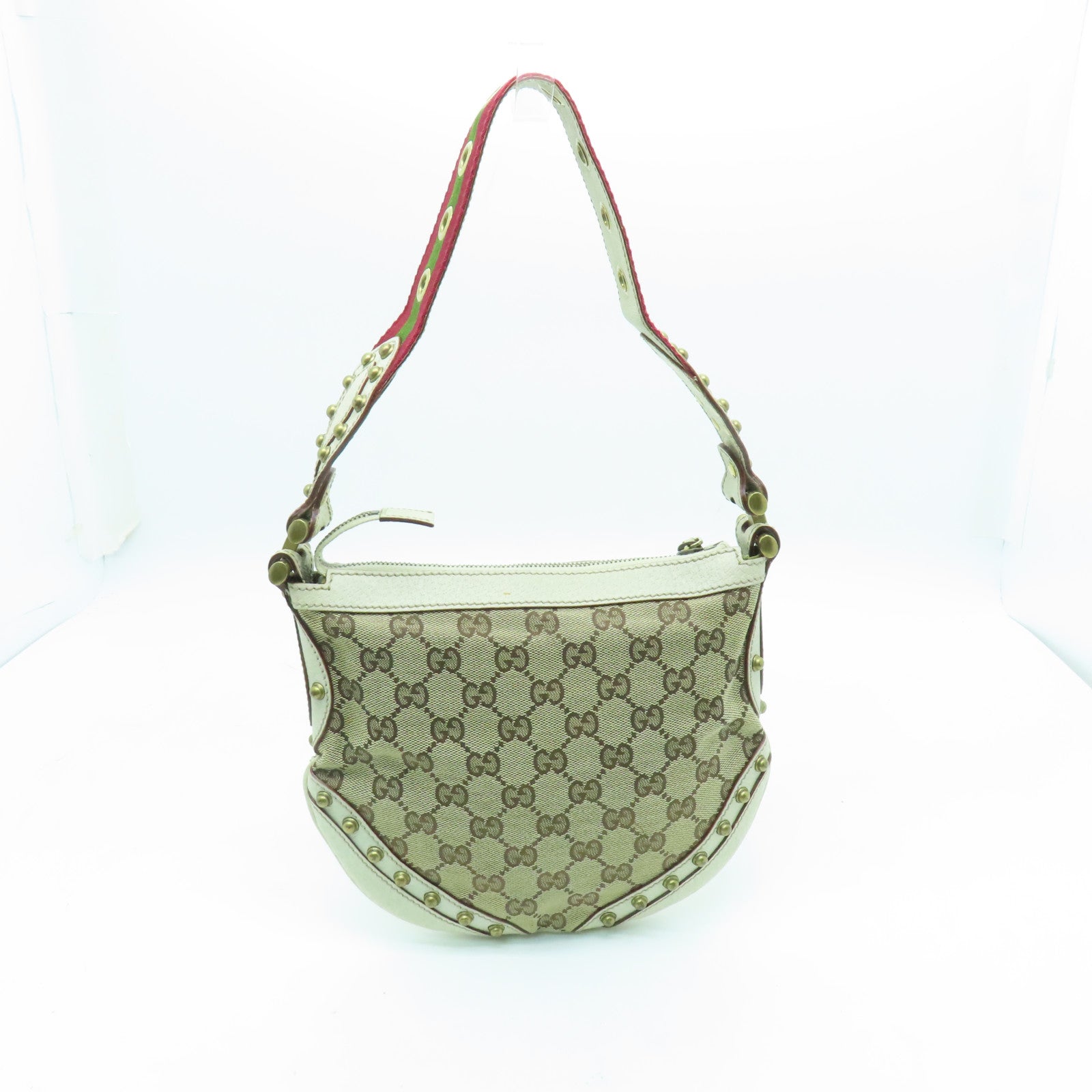 GUCCI 帆布/皮革Shoulder Bag金扣肩背袋米色/白色