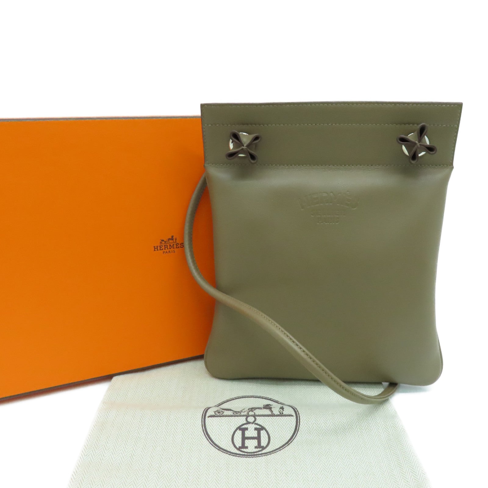 HERMES Swift皮革Aline银扣肩背袋Etoupe米色