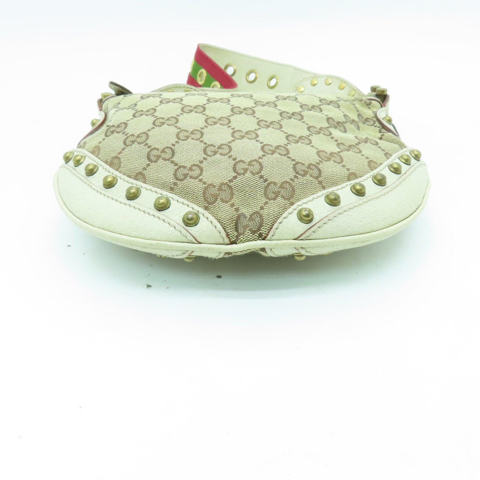 GUCCI 帆布/皮革Shoulder Bag金扣肩背袋米色/白色