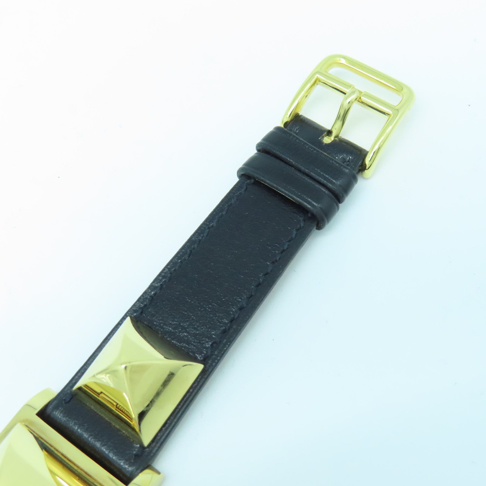 HERMES Medor Watch Vintage镀金/皮革带手表石英机芯黑色