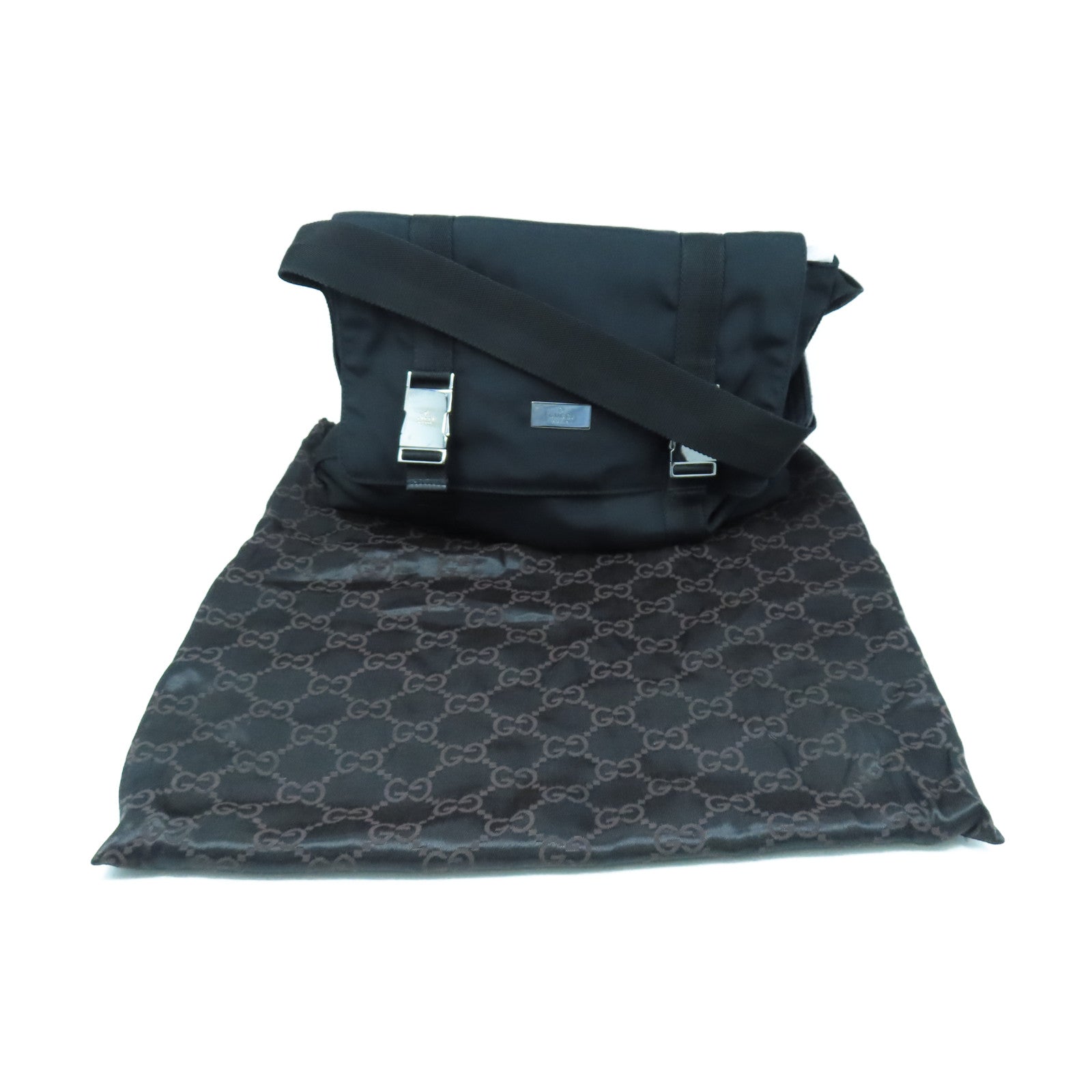 GUCCI Nylon Shoulder Bag Silver Buckle Shoulder Bag Black