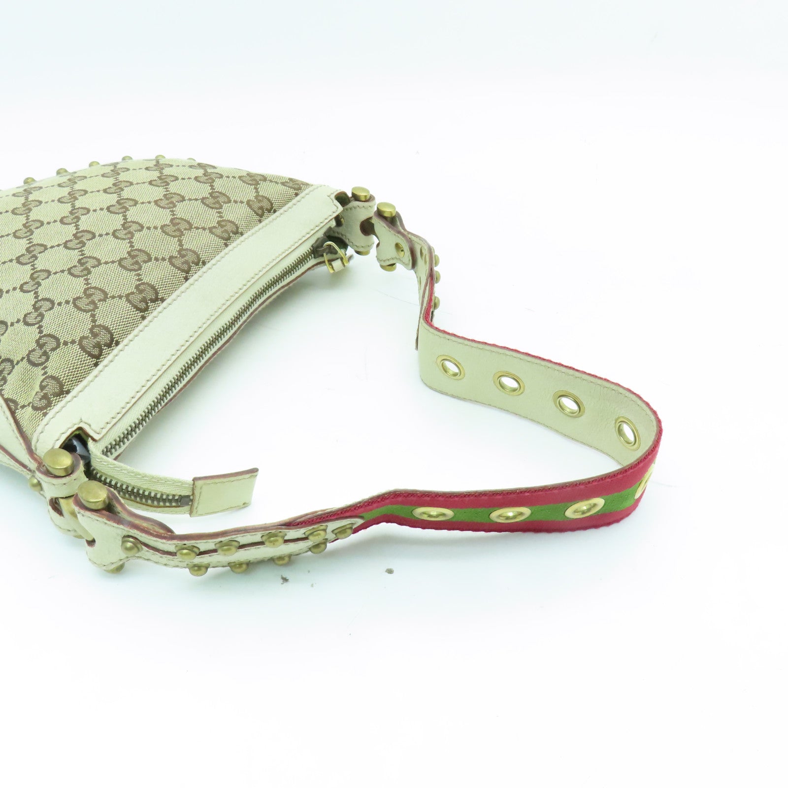 GUCCI 帆布/皮革Shoulder Bag金扣肩背袋米色/白色