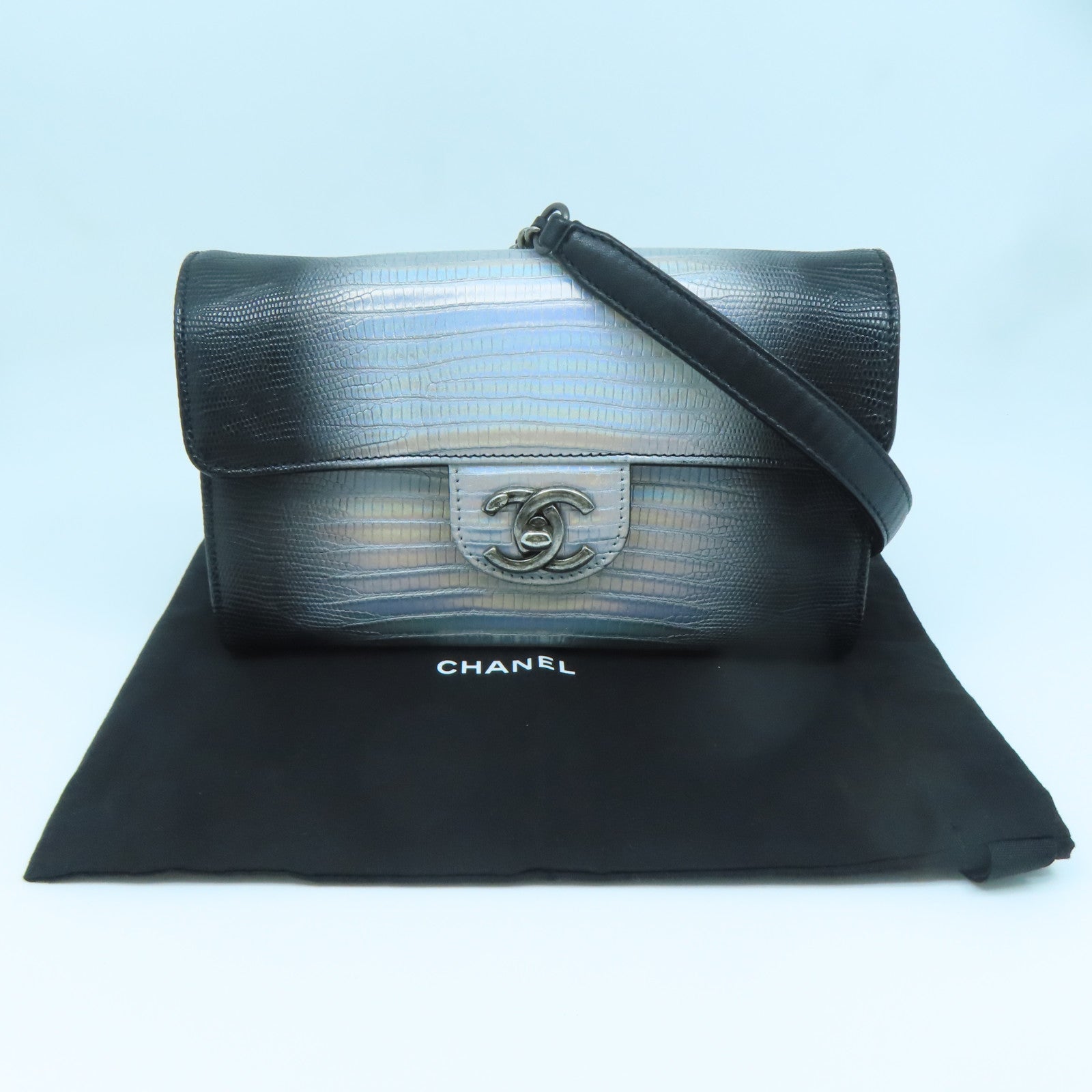 CHANEL 牛皮皮革Chain Shoulder Bag銀扣鏈帶肩背袋銀色黑色