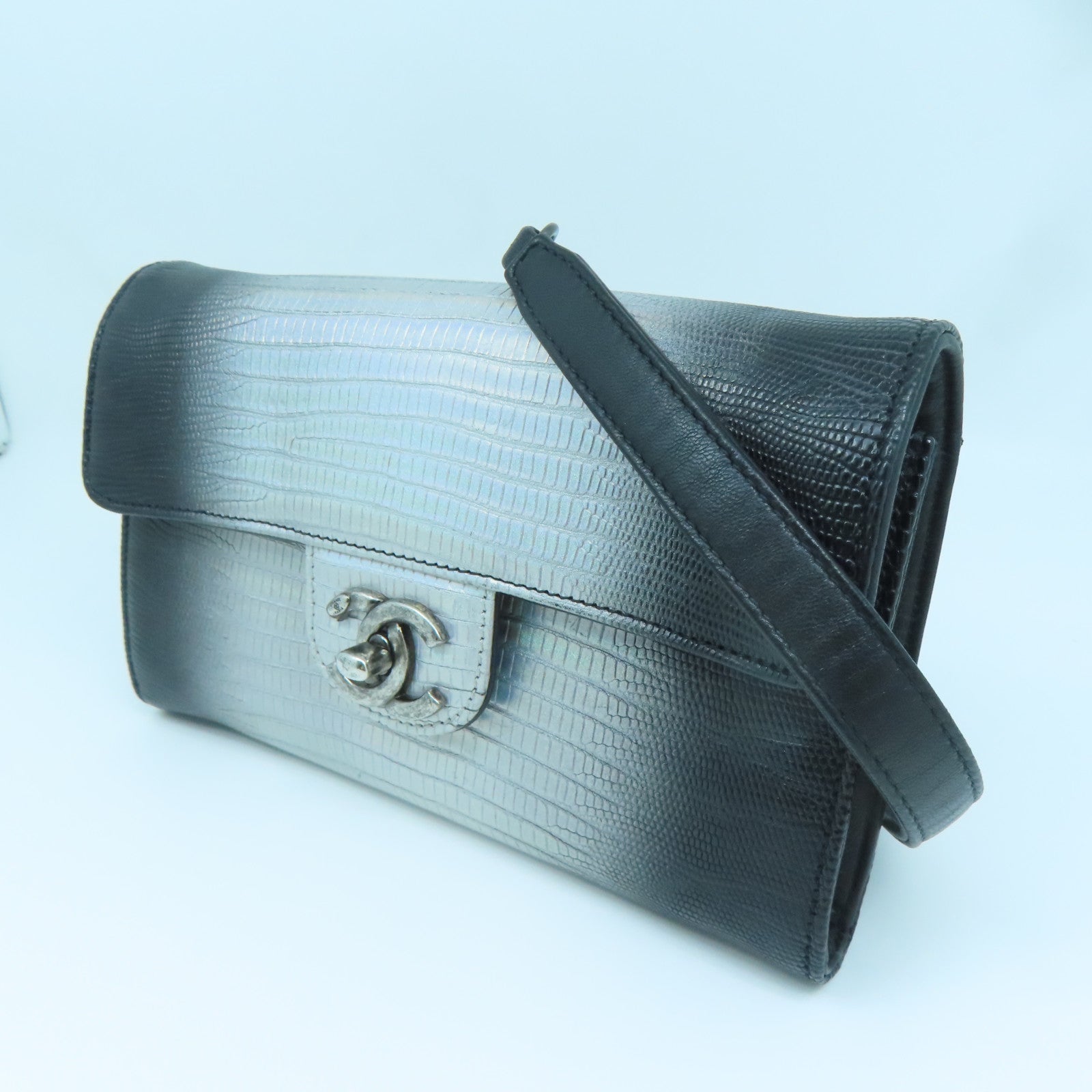 CHANEL 牛皮皮革Chain Shoulder Bag銀扣鏈帶肩背袋銀色黑色