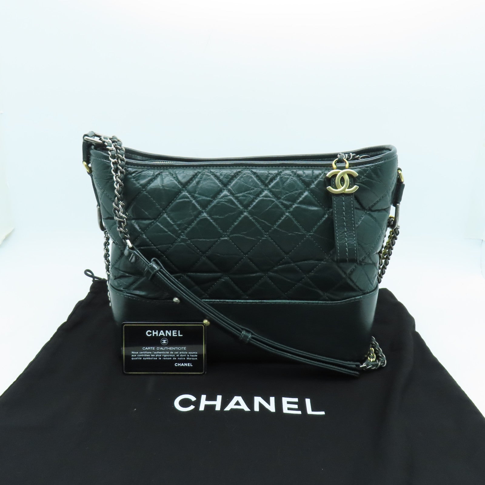 CHANEL 【激減優惠】菱格牛皮皮革Gabrielle金扣/銀扣鏈帶肩背袋綠色