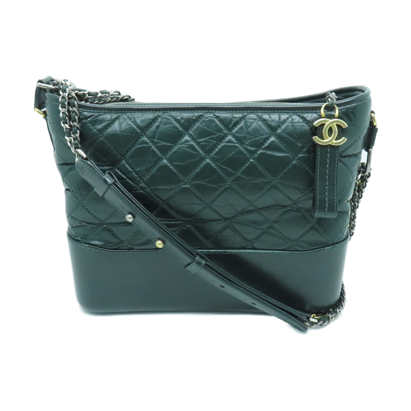 CHANEL 【激減優惠】菱格牛皮皮革Gabrielle金扣/銀扣鏈帶肩背袋綠色