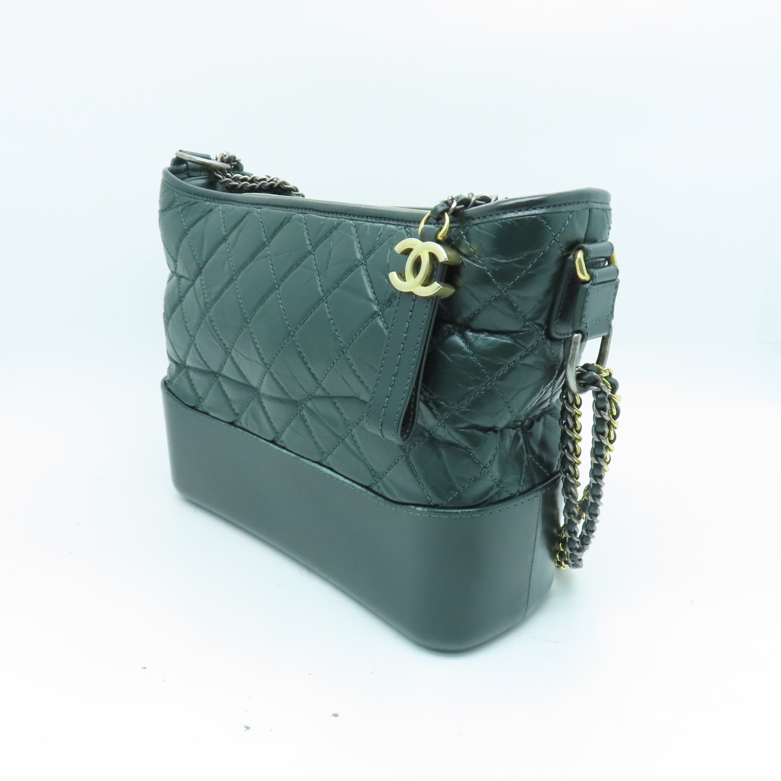 CHANEL 【激減優惠】菱格牛皮皮革Gabrielle金扣/銀扣鏈帶肩背袋綠色