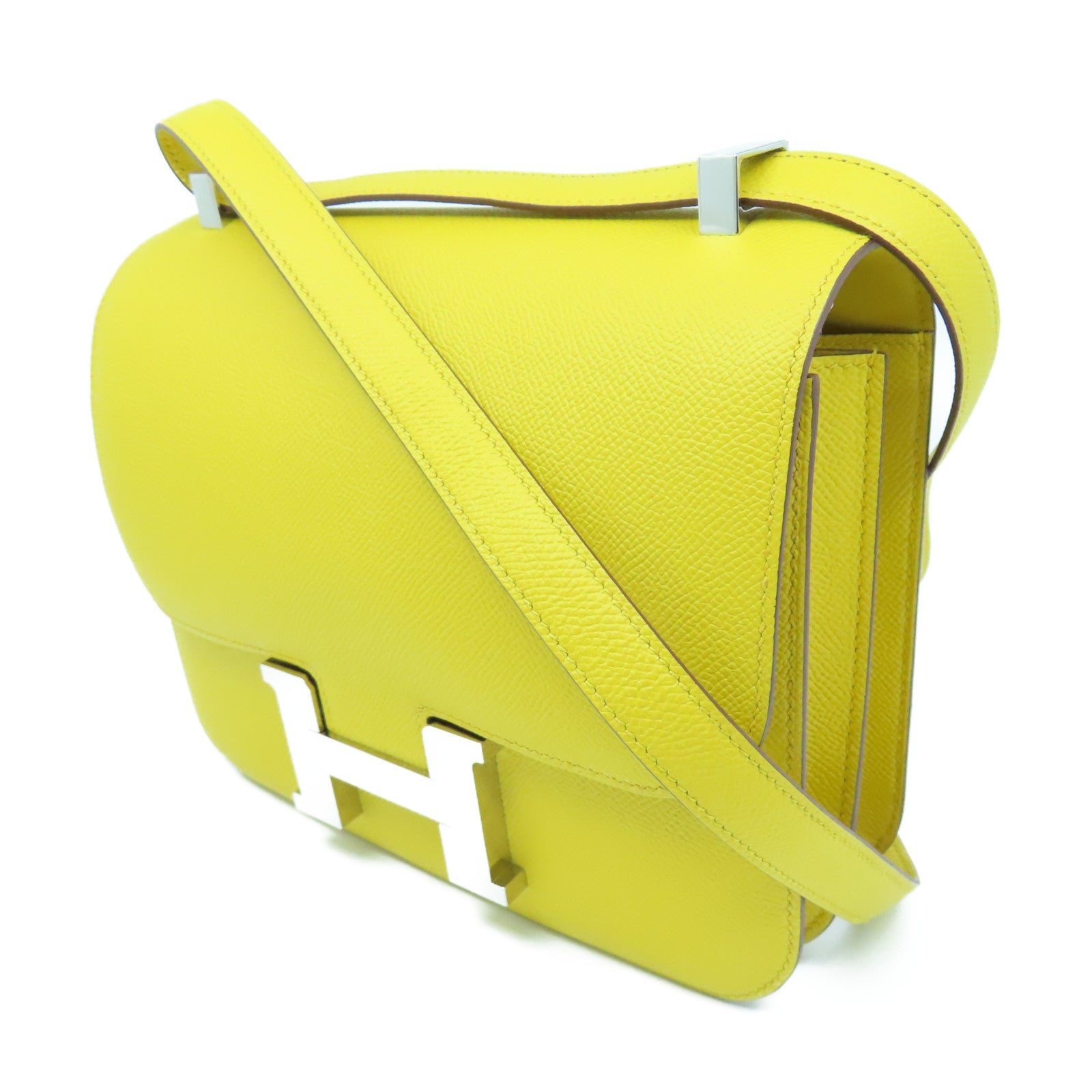 HERMES Veau Epsom Leather Constance 24 Silver Buckle Handle Shoulder Bag Amber Yellow