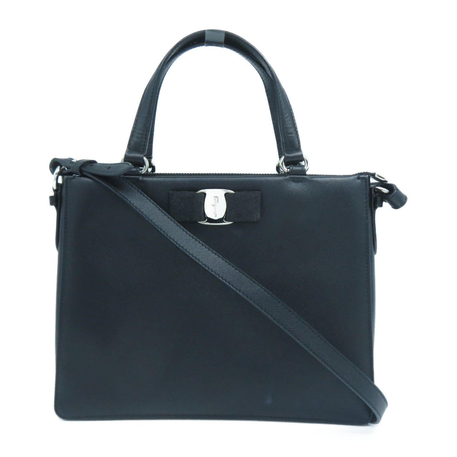 Salvatore Ferragamo 牛皮皮革2 Way Shoulder Bag銀扣手挽肩背兩用袋黑色