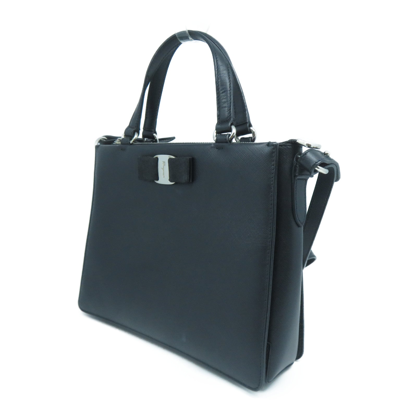 Salvatore Ferragamo 牛皮皮革2 Way Shoulder Bag銀扣手挽肩背兩用袋黑色