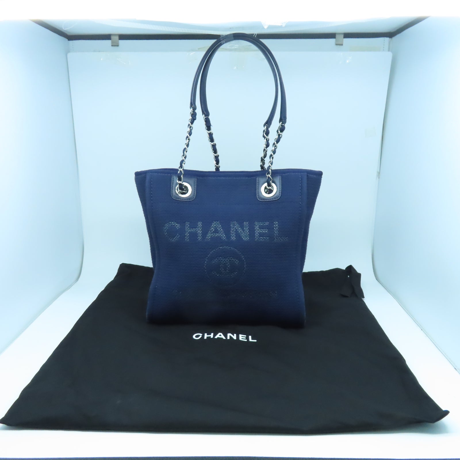 CHANEL 帆布Tote Bag銀扣手挽袋深藍色