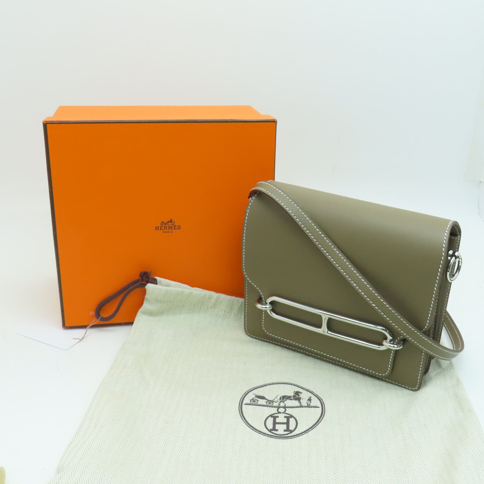 HERMES 【激減優惠】Evercolor皮革Mini Roulis Shoulder Bag銀扣肩背袋大象色
