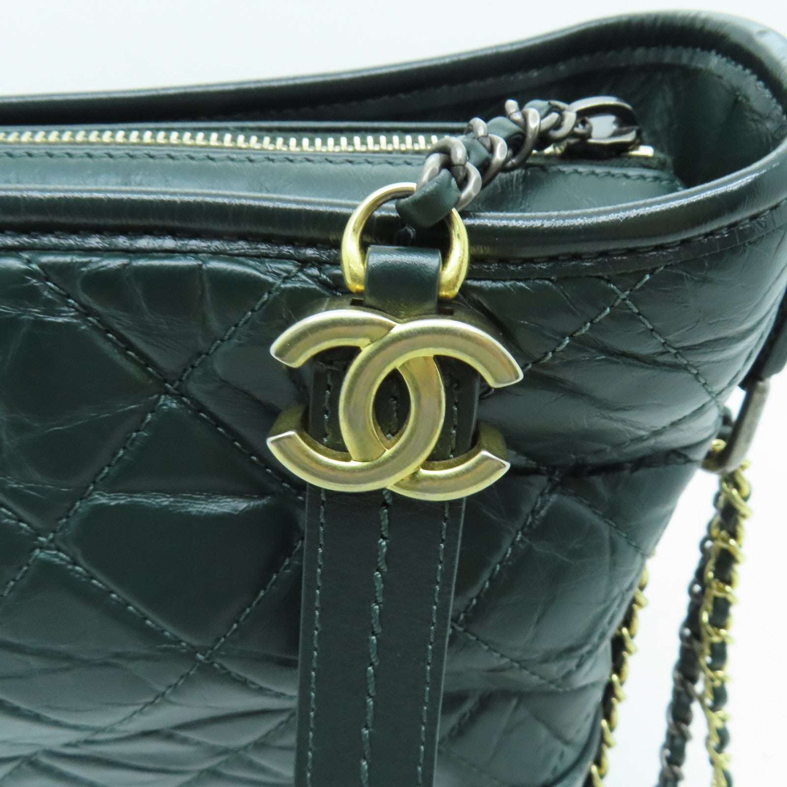 CHANEL 【激減優惠】菱格牛皮皮革Gabrielle金扣/銀扣鏈帶肩背袋綠色