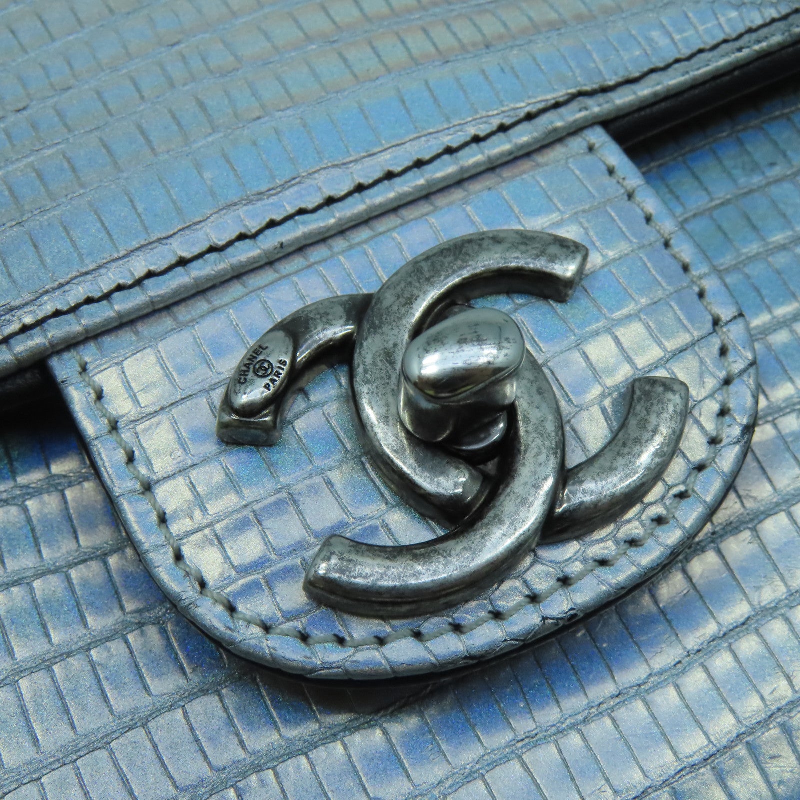 CHANEL 牛皮皮革Chain Shoulder Bag銀扣鏈帶肩背袋銀色黑色