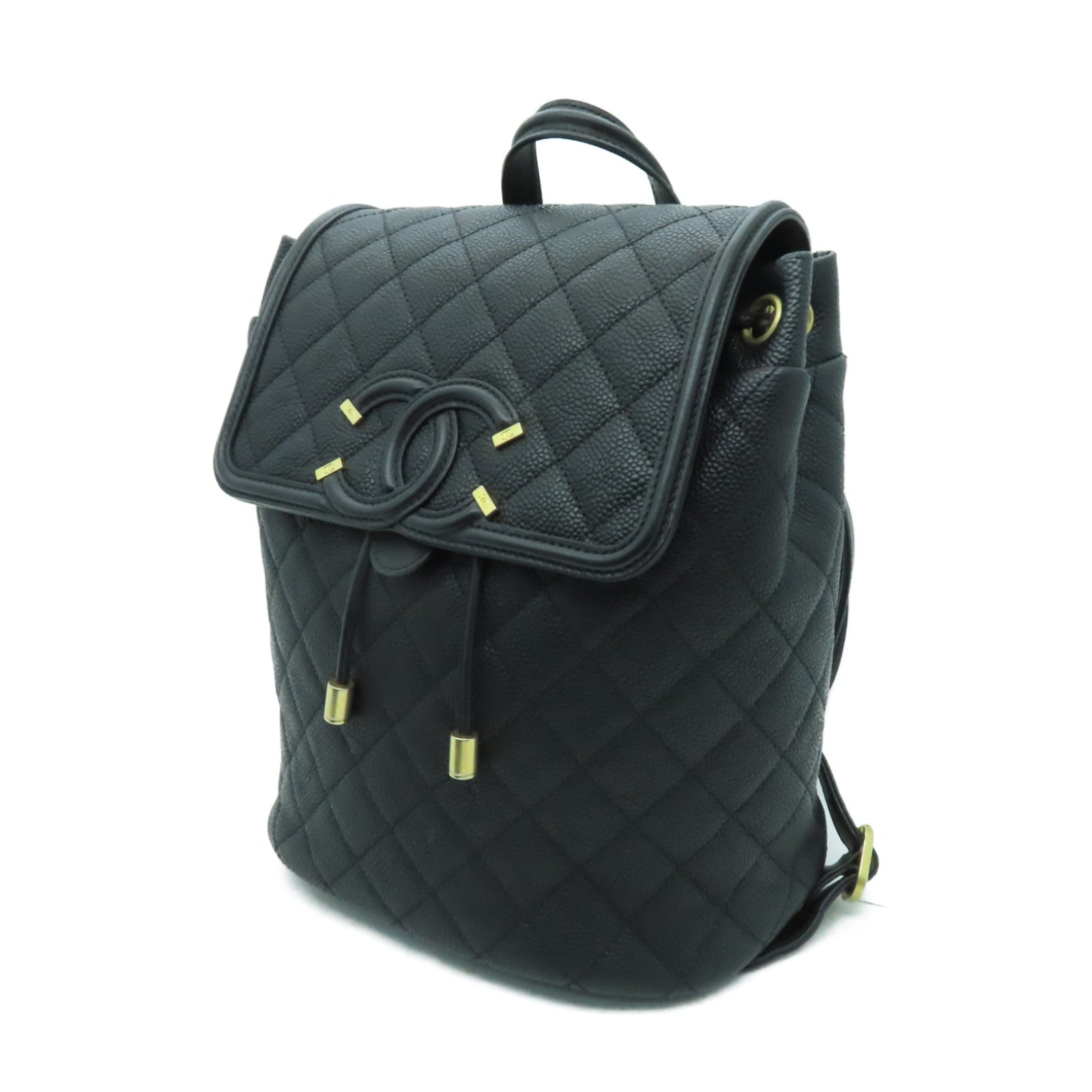 CHANEL 菱格Caviar皮革Backpack金扣背包黑色