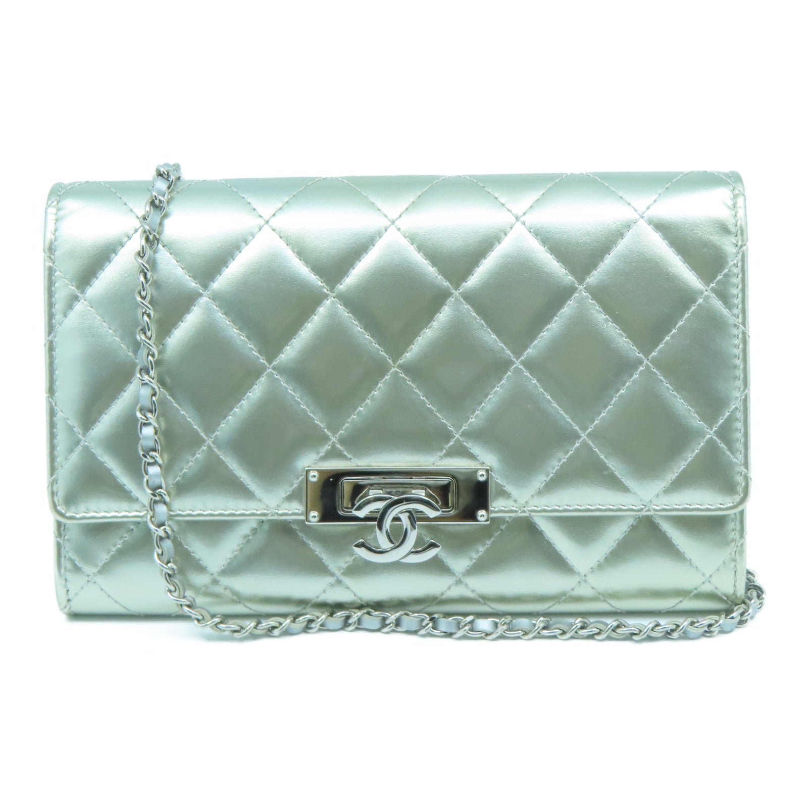 CHANEL 菱格漆皮皮革Chain Shoulder Bag銀扣鏈帶肩背袋銀色