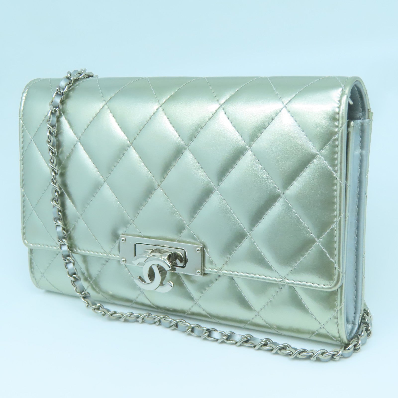 CHANEL 菱格漆皮皮革Chain Shoulder Bag銀扣鏈帶肩背袋銀色