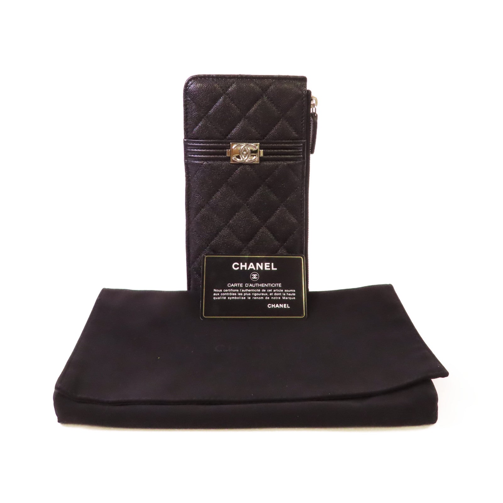 CHANEL 菱格Caviar皮革Boy Chanel Phone/Card Holder銀扣手機卡片套黑色