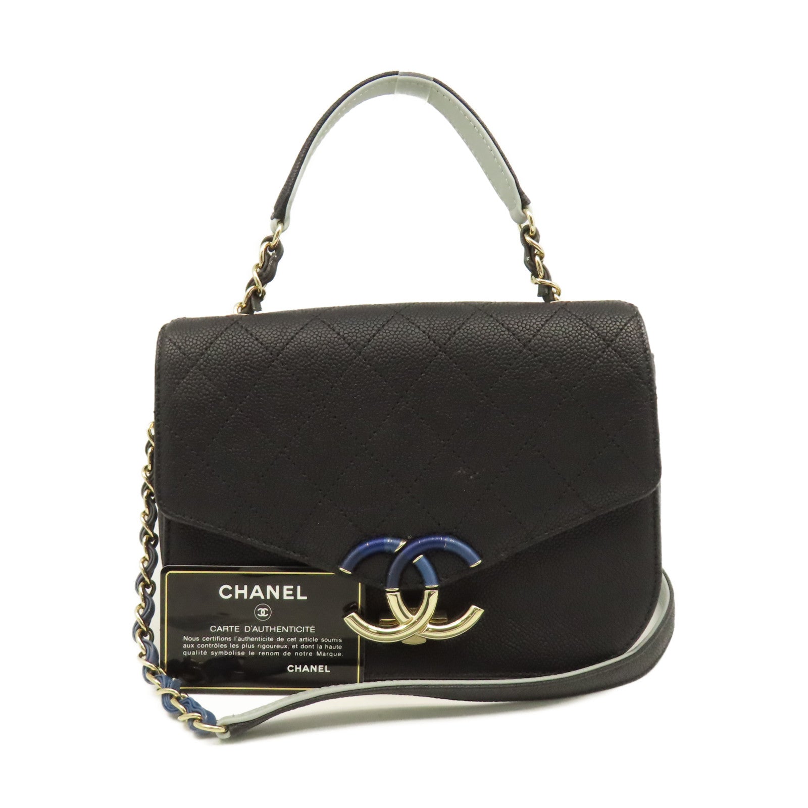 CHANEL 菱格Caviar皮革2Way Shoulder Bag金扣鏈帶手挽肩背兩用袋黑色