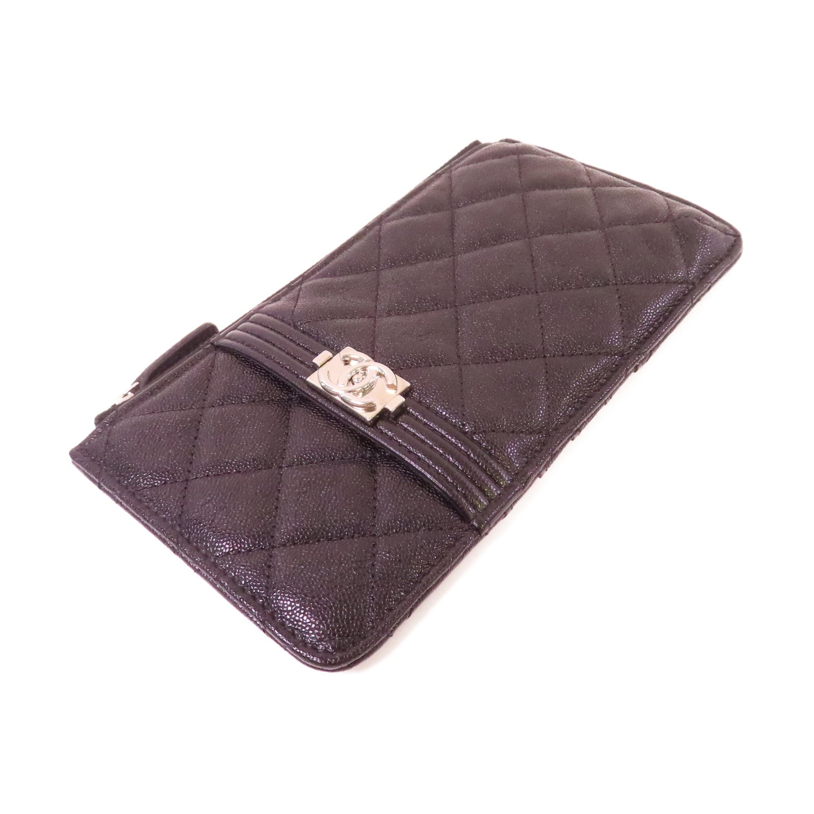 CHANEL 菱格Caviar皮革Boy Chanel Phone/Card Holder銀扣手機卡片套黑色