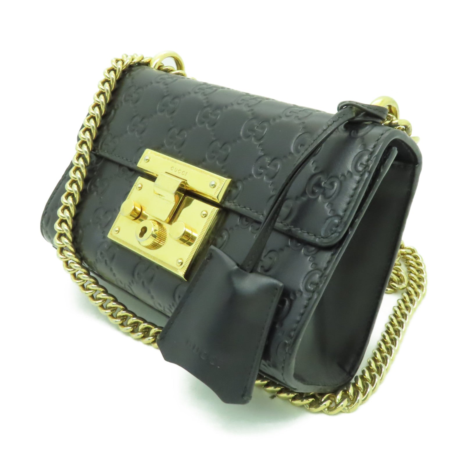 GUCCI 牛皮皮革Chain Shoulder Bag金扣鏈帶肩背袋黒色