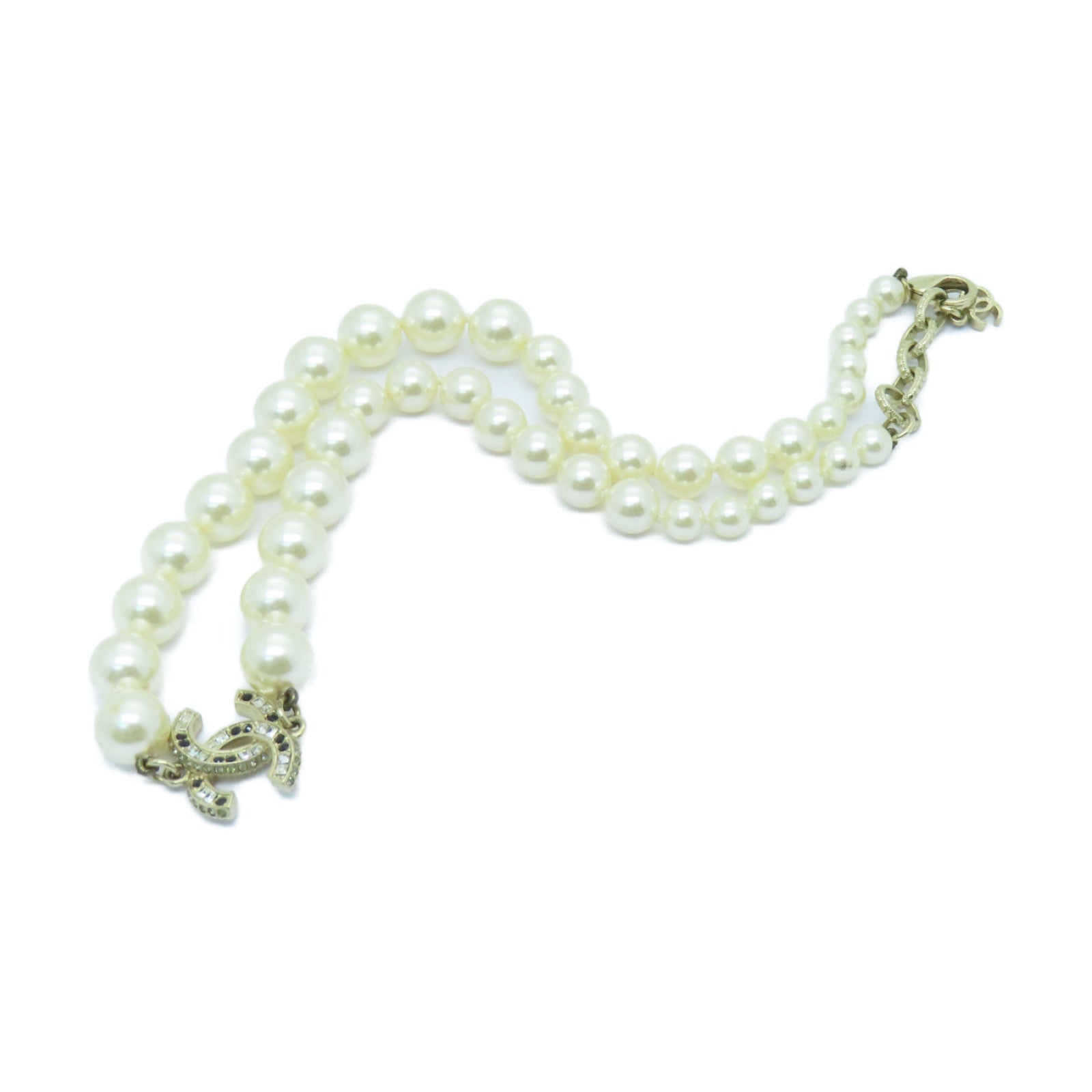 CHANEL 仿珍珠/金屬Necklace金扣項鍊白色