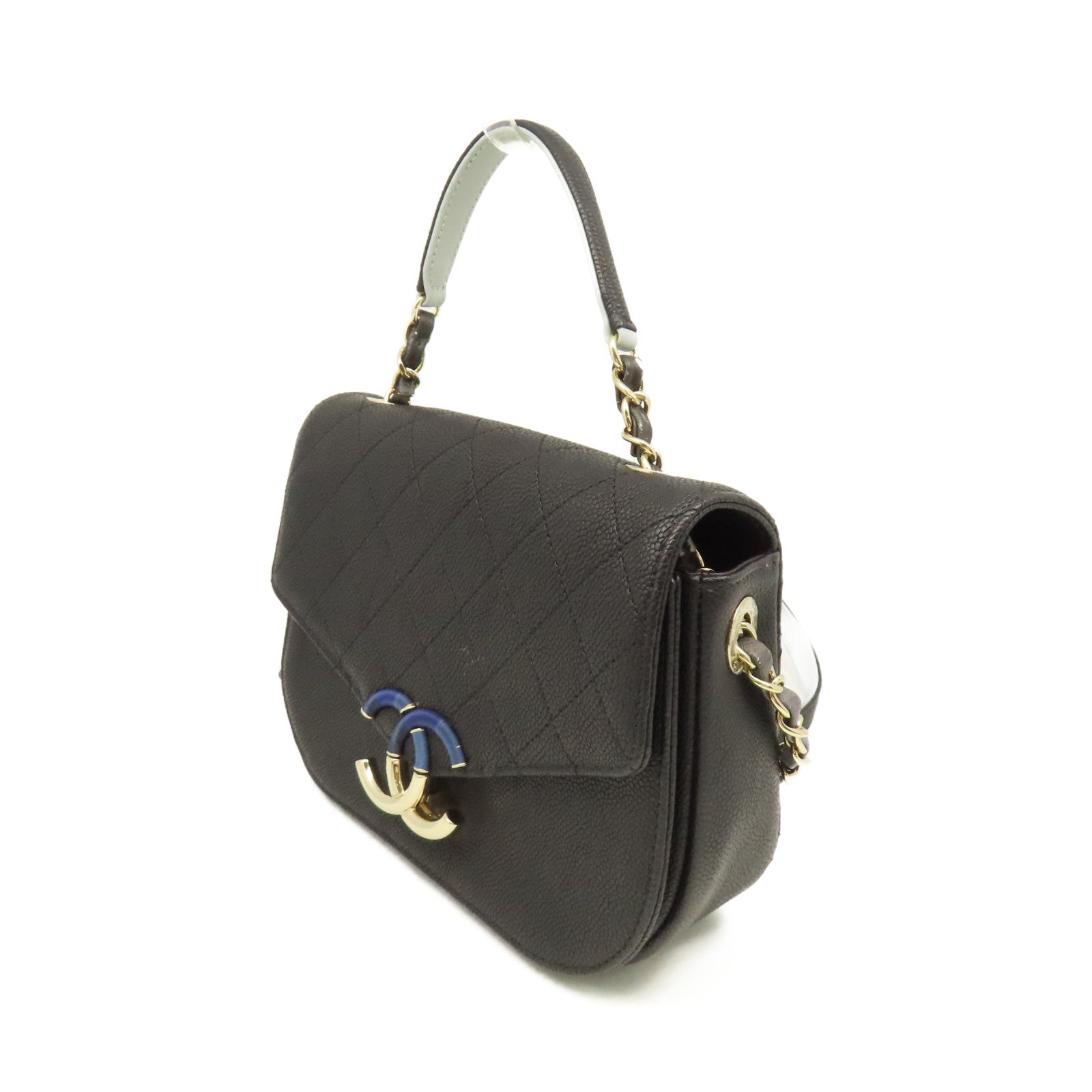 CHANEL 菱格Caviar皮革2Way Shoulder Bag金扣鏈帶手挽肩背兩用袋黑色