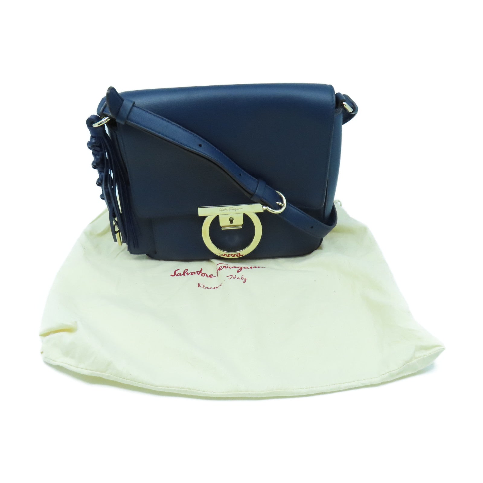Salvatore Ferragamo Leather Shoulder Bag Gold Buckle Blue
