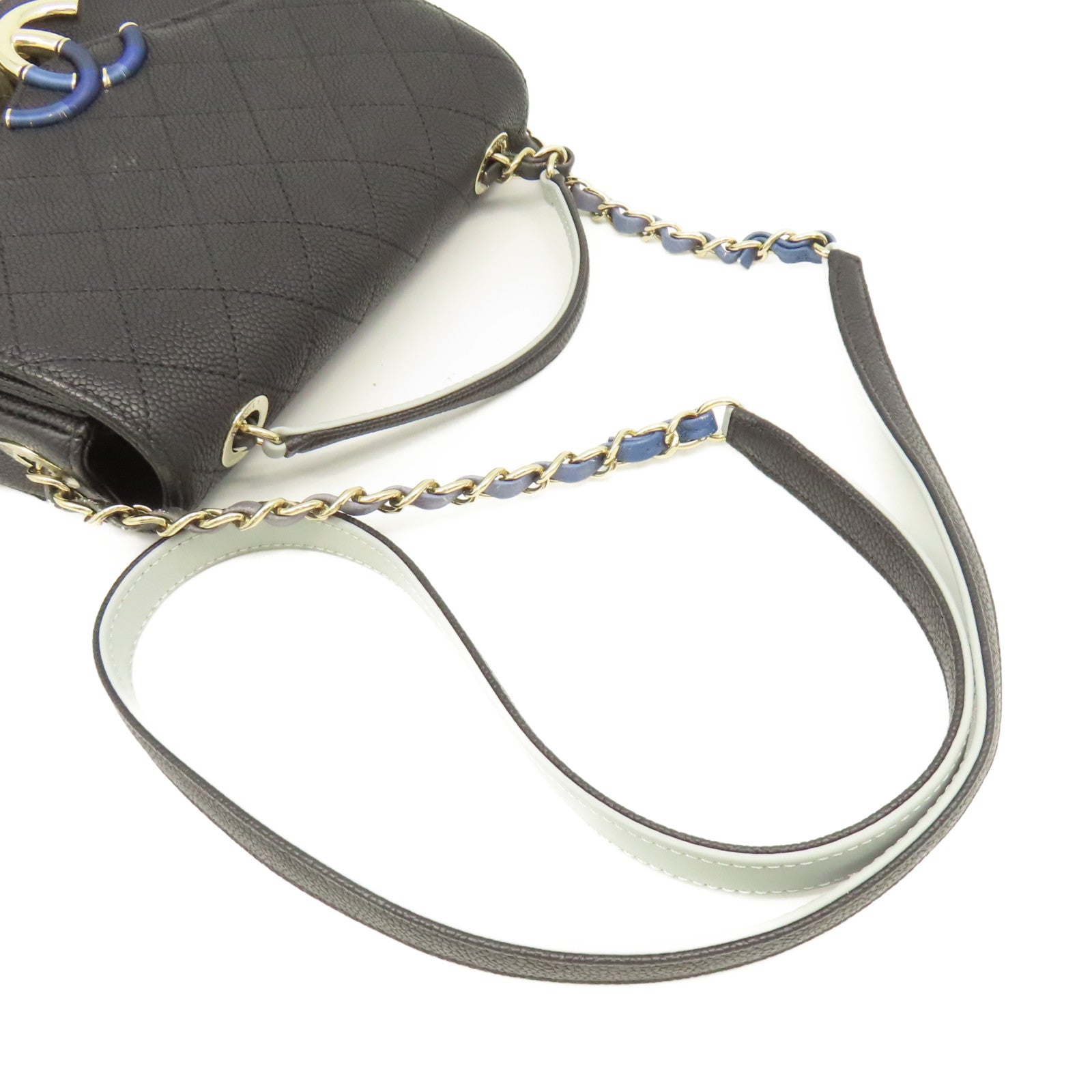 CHANEL 菱格Caviar皮革2Way Shoulder Bag金扣鏈帶手挽肩背兩用袋黑色