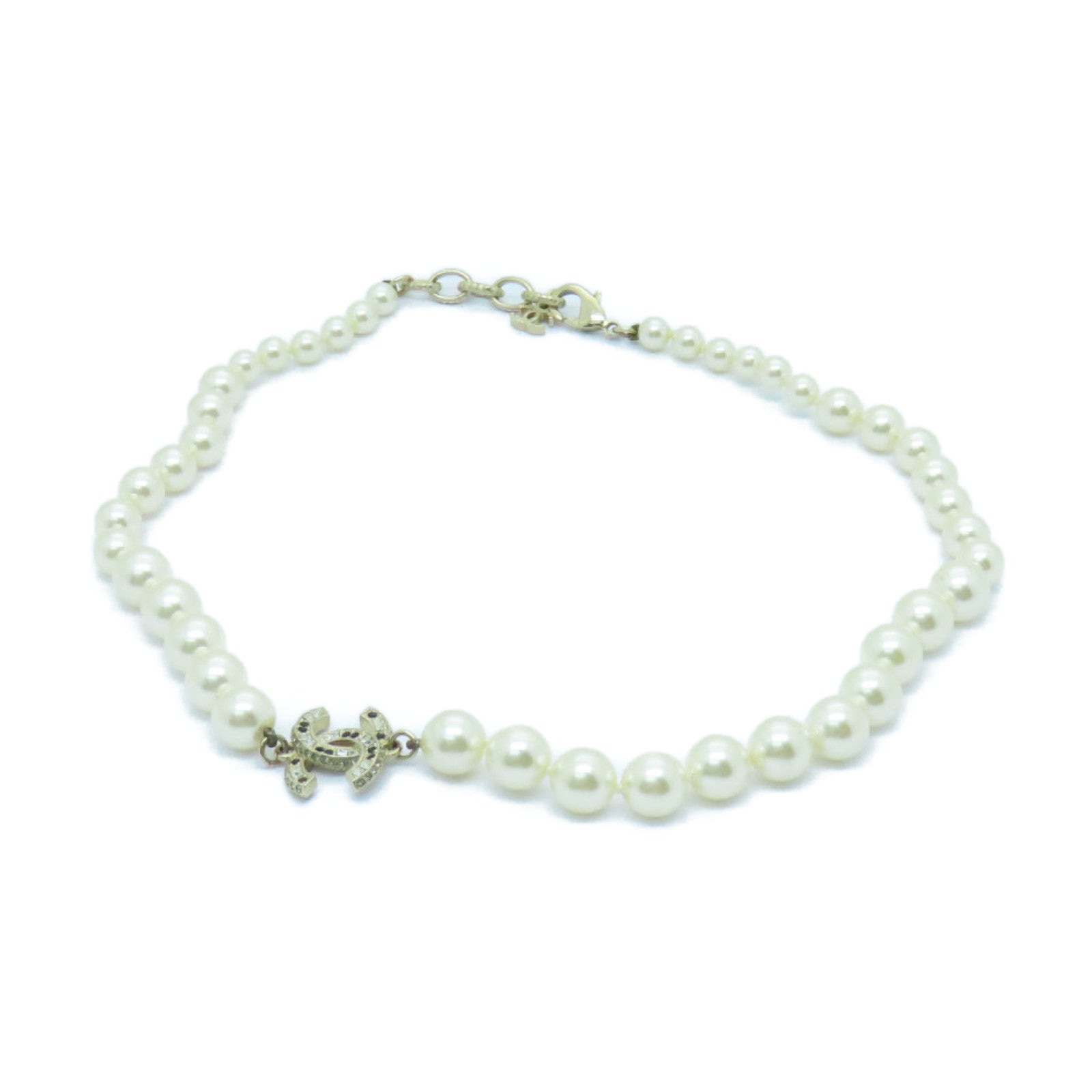 CHANEL 仿珍珠/金屬Necklace金扣項鍊白色