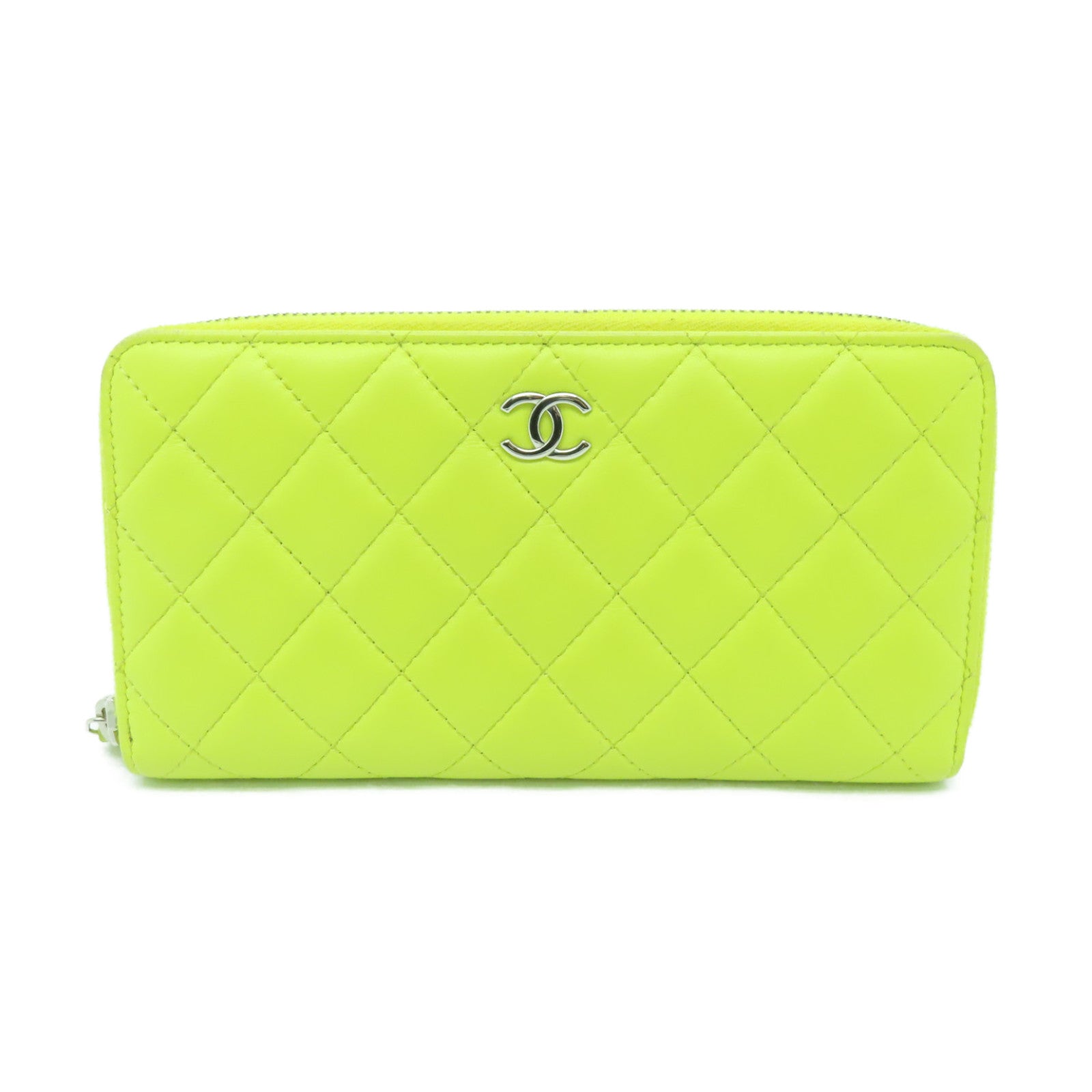 CHANEL 菱格羊皮皮革Wallet銀扣長錢包黃色
