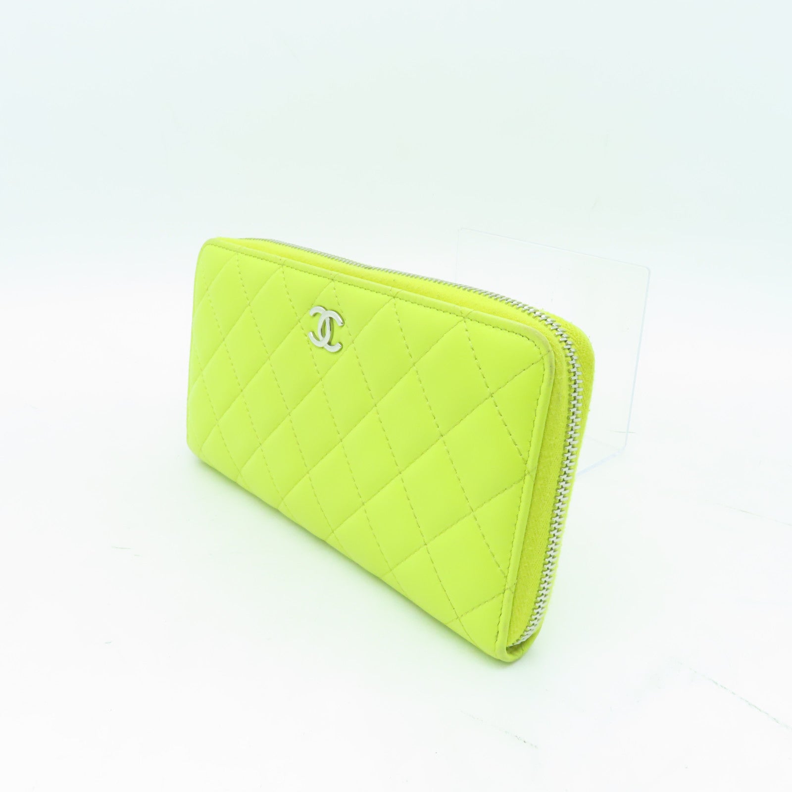 CHANEL 菱格羊皮皮革Wallet銀扣長錢包黃色