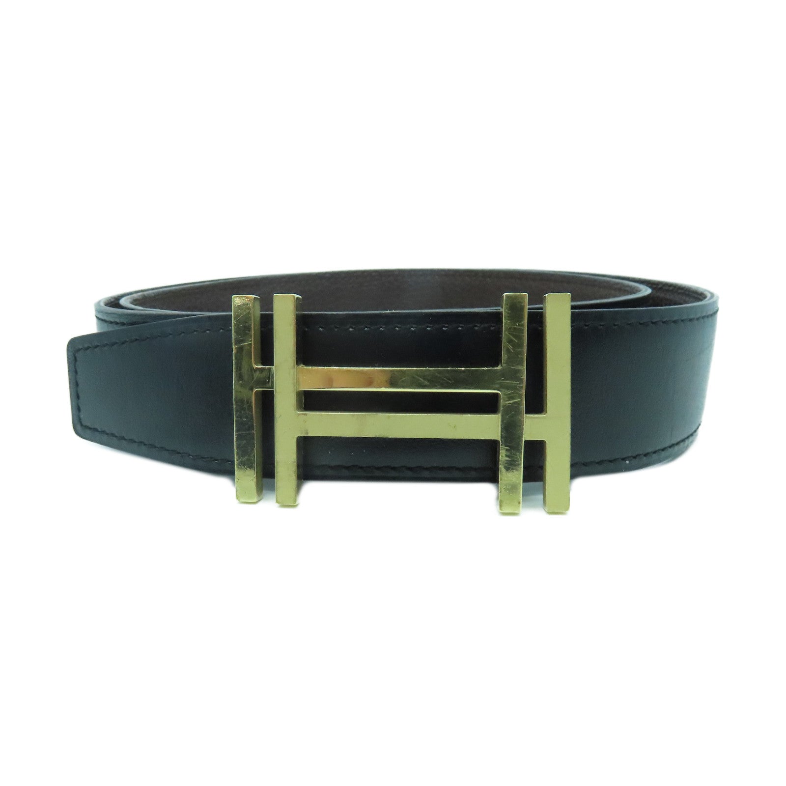 HERMES 牛皮皮革Belt金扣皮带Noir黑色