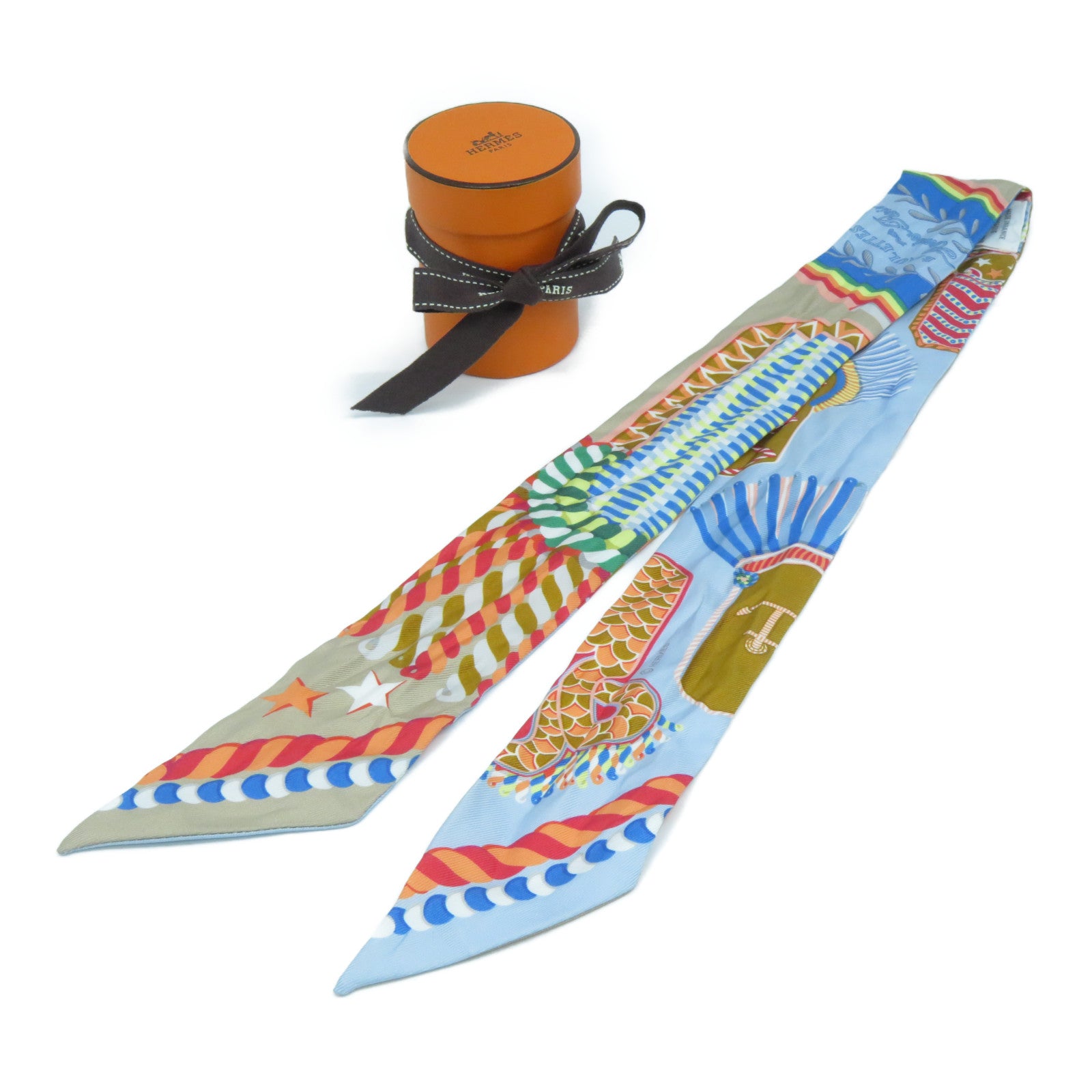 HERMES 絲質Twilly Scarf絲巾色彩色/淺藍色