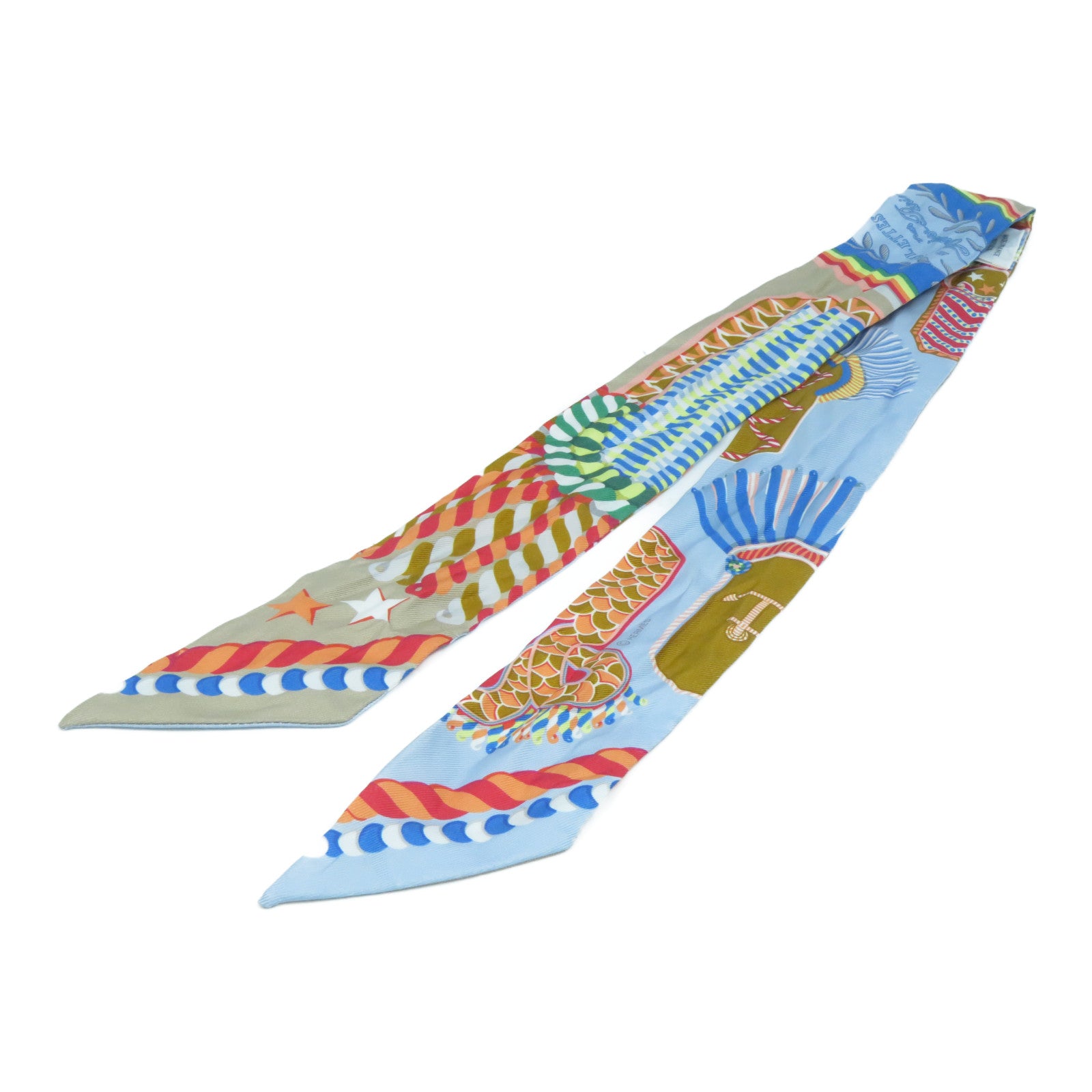 HERMES 絲質Twilly Scarf絲巾色彩色/淺藍色