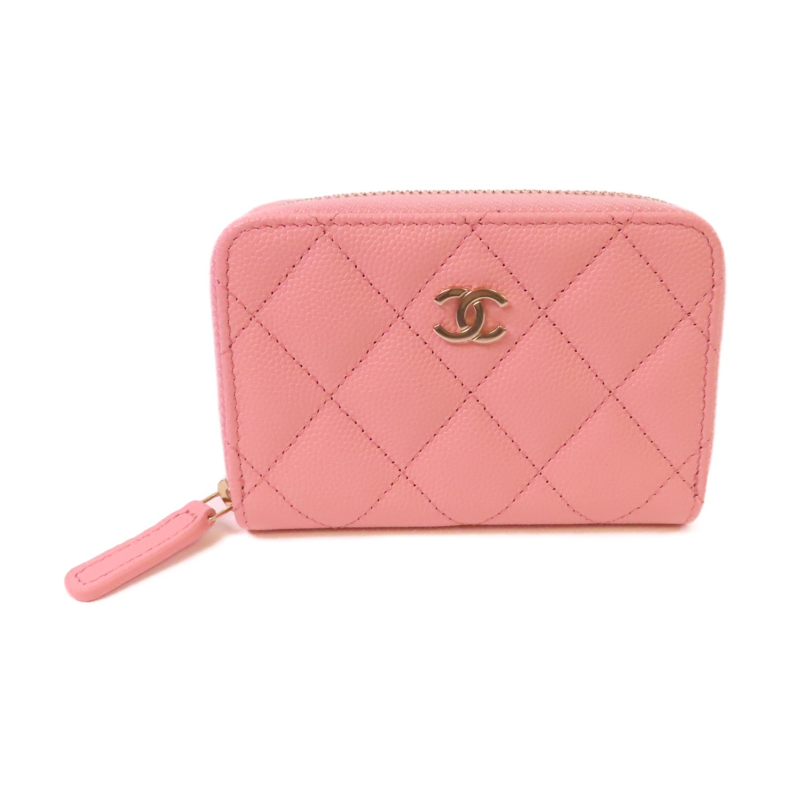 CHANEL 菱格Caviar皮革Classic Coin Case金扣拉鏈零錢包粉紅色