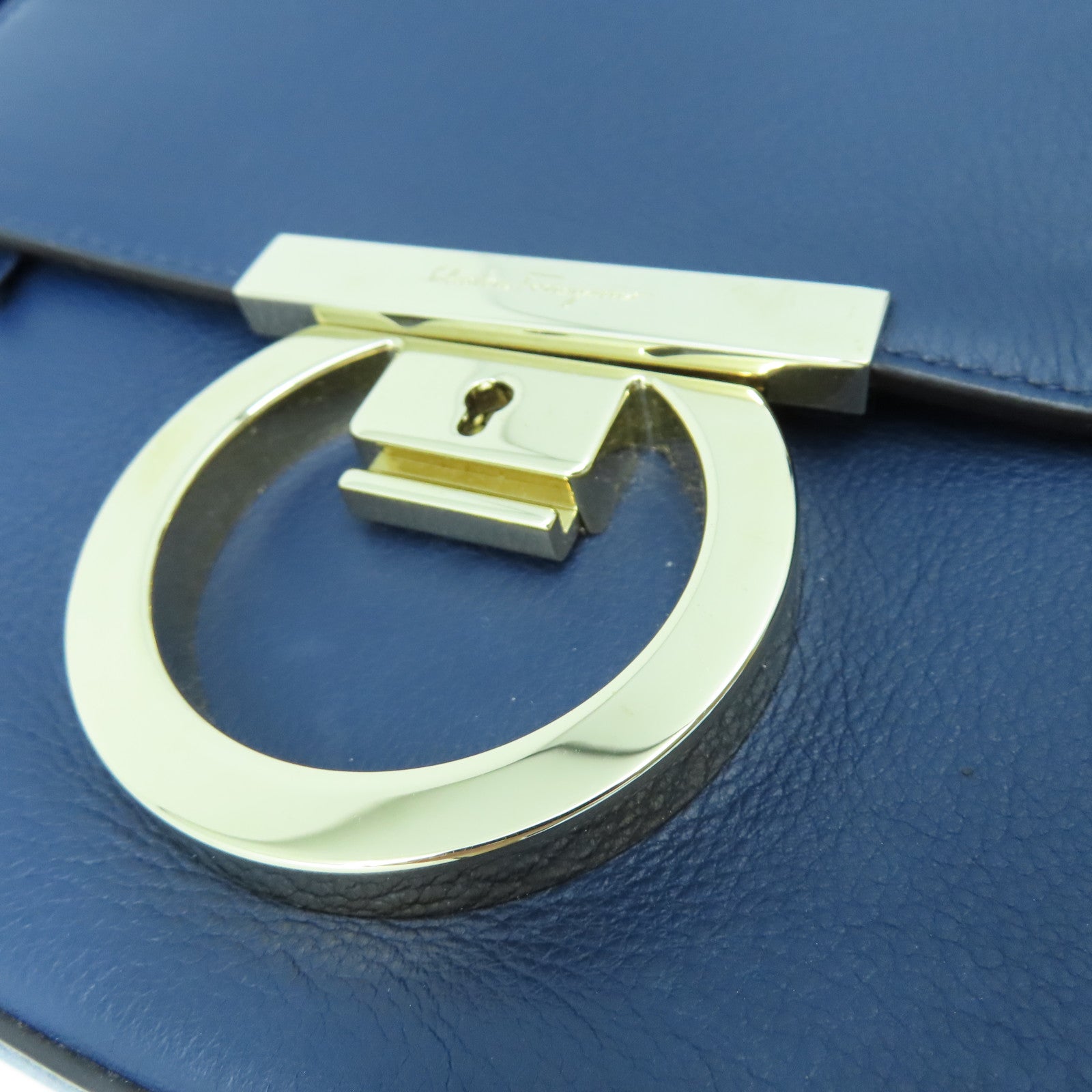Salvatore Ferragamo Leather Shoulder Bag Gold Buckle Blue