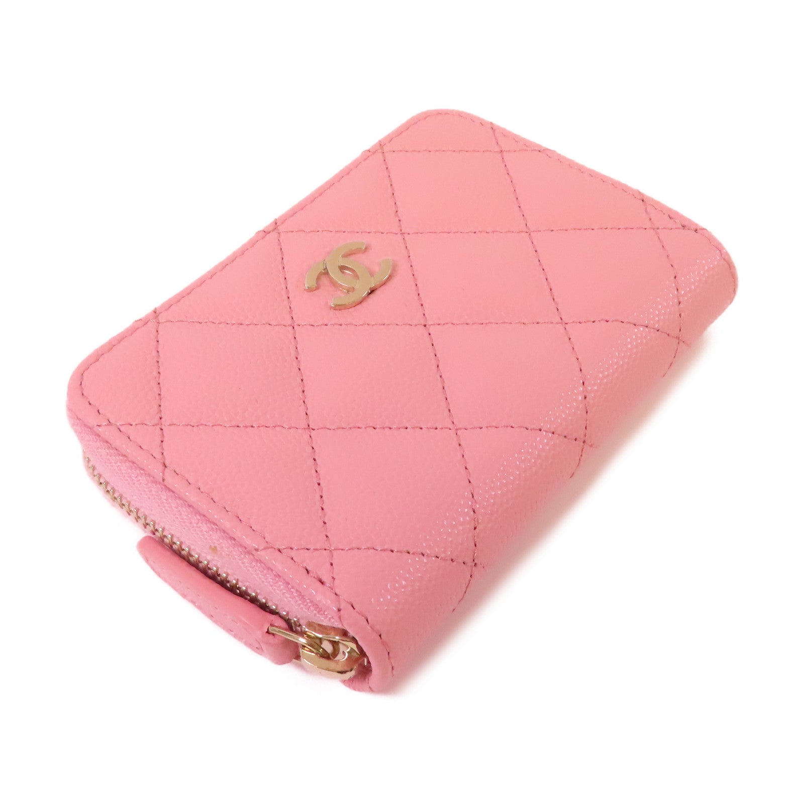 CHANEL 菱格Caviar皮革Classic Coin Case金扣拉鏈零錢包粉紅色