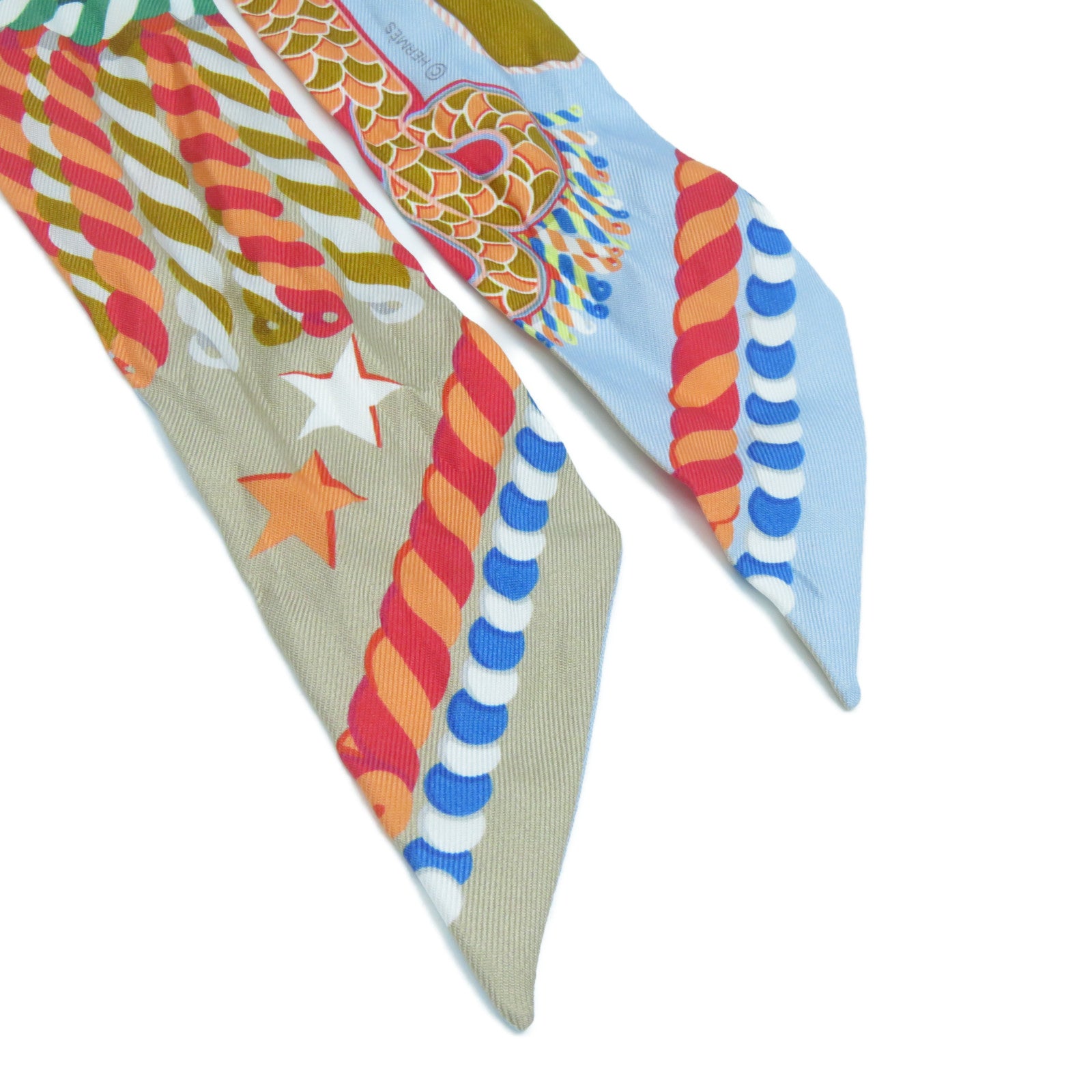 HERMES 絲質Twilly Scarf絲巾色彩色/淺藍色
